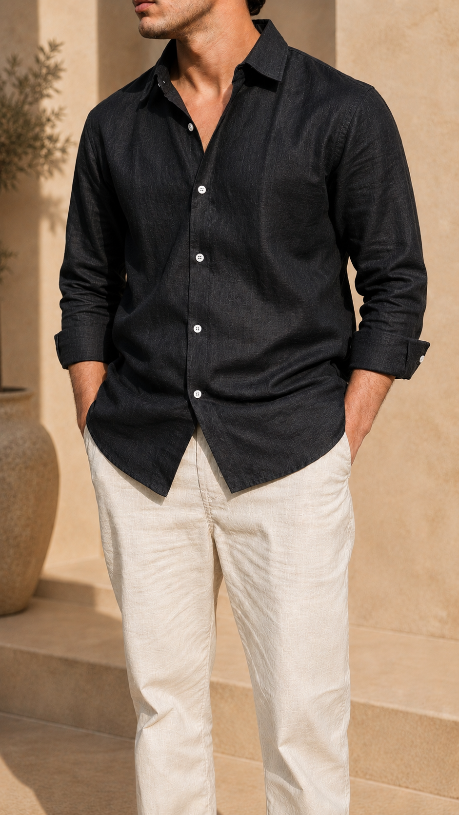 Full Sleeve Belgium Linen Pair For Men | Black Shirt with Beige Pant by frenchcuff
