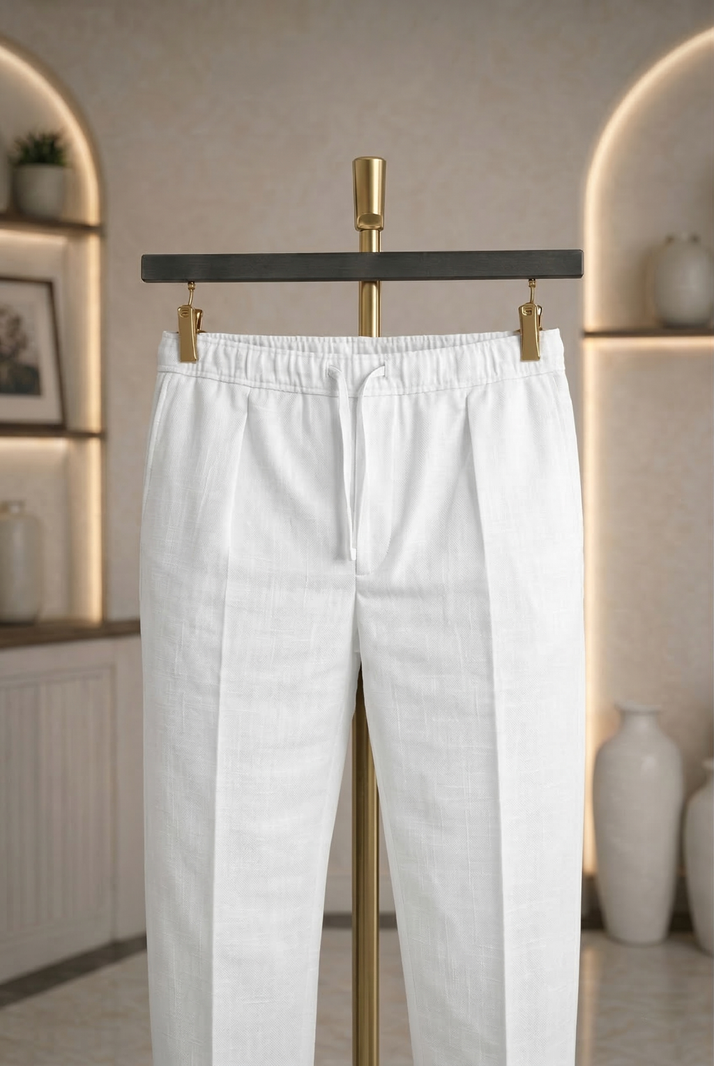 White Linen Drawstring Trouser Pant by French Cuff