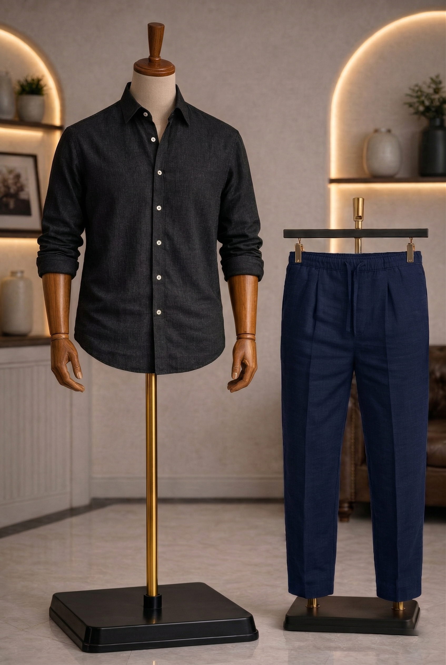Full Sleeve Linen Pair For Men | Black Linen Shirt with Navy Linen Pant