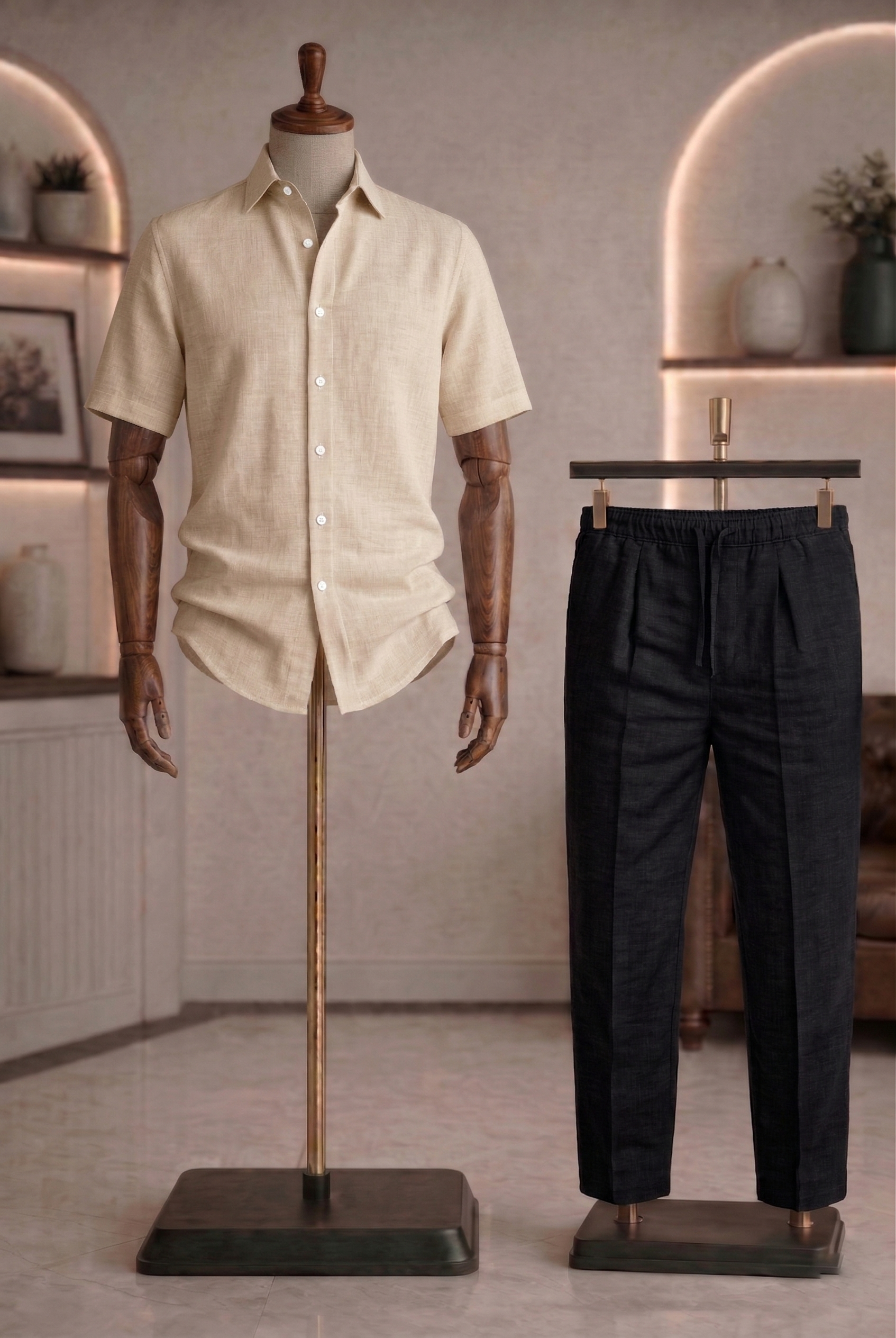 Half Sleeve Linen Pair For Men | Beige Linen Shirt with Black Linen Pant