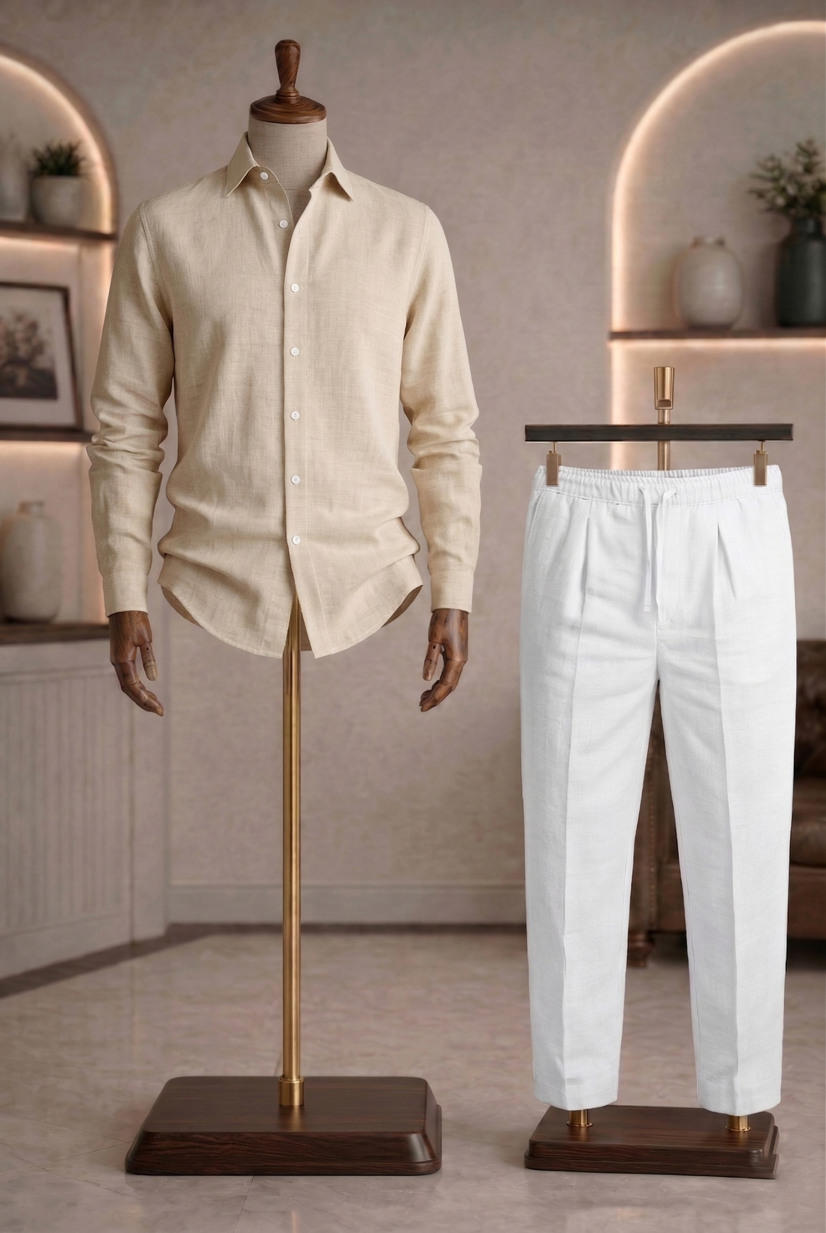 Full Sleeve Linen Pair For Men | Beige Linen Shirt with White Linen Pant