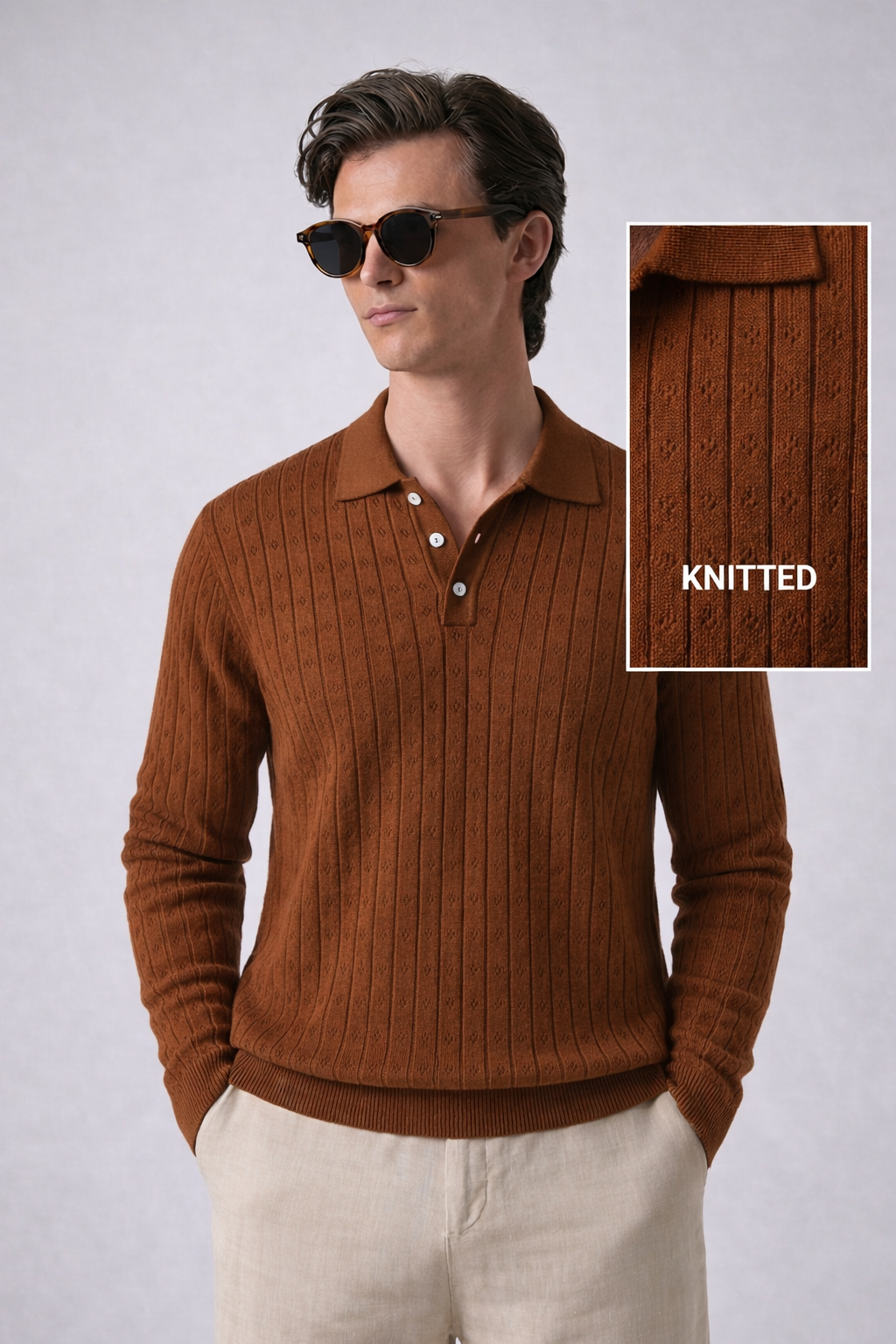 Espresso Textured Full Sleeves Knit Polo T-Shirt