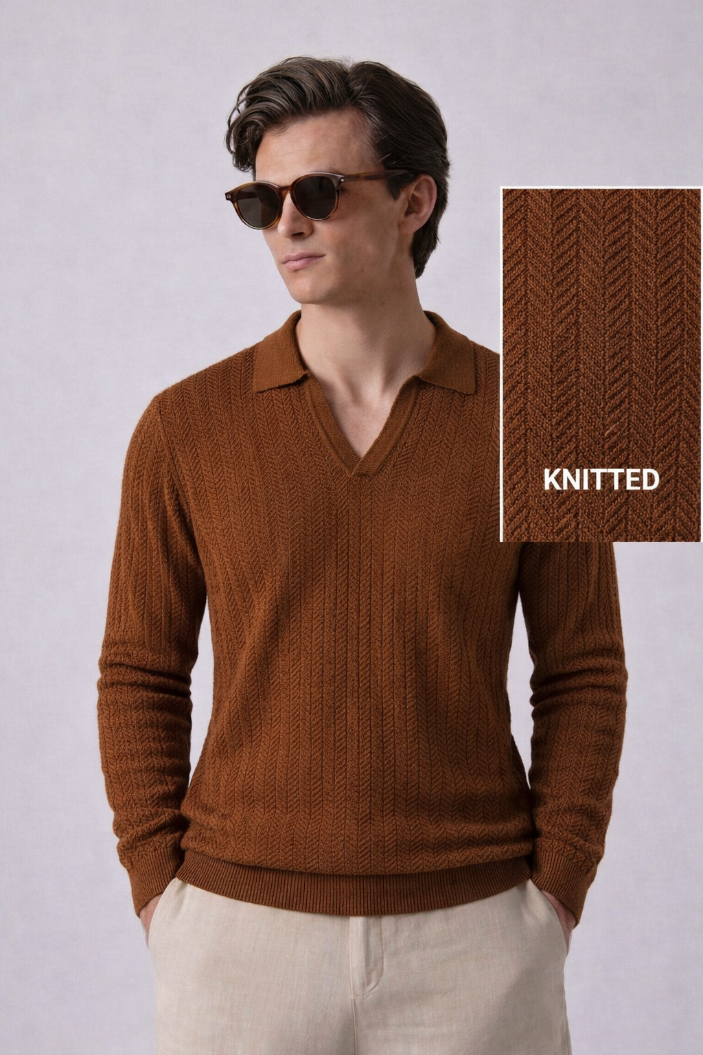 Brown Chevron Textured Full Sleeves Knit Polo T-Shirt