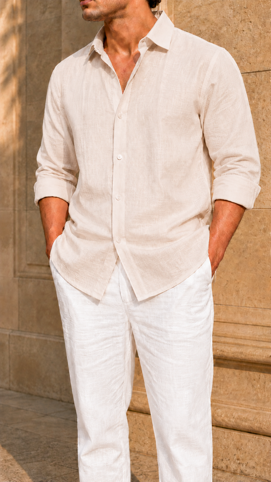 Full Sleeve Belgium Linen Pair For Men | Beige Shirt with White Pant by frenchcuff
