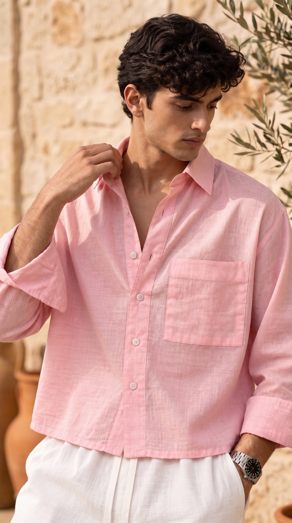Full Sleeve Pink Boxy Fit Pure Belgium Linen Crop Shirt
