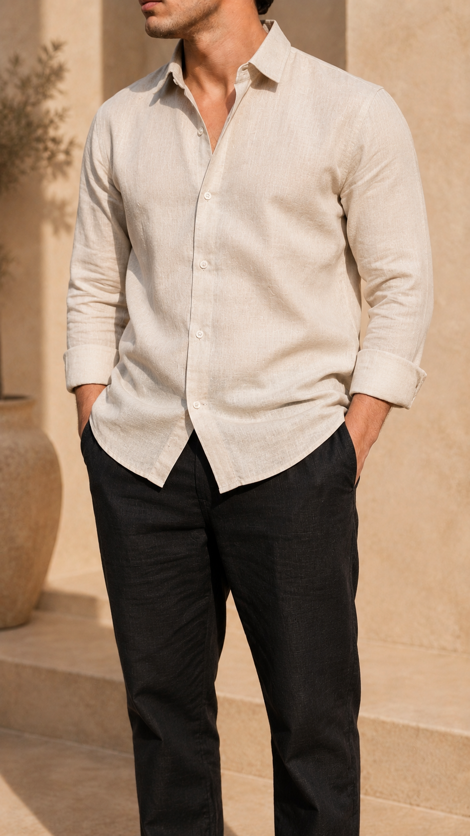 Full Sleeve Belgium Linen Pair For Men | Beige Shirt with Black Pant by frenchcuff