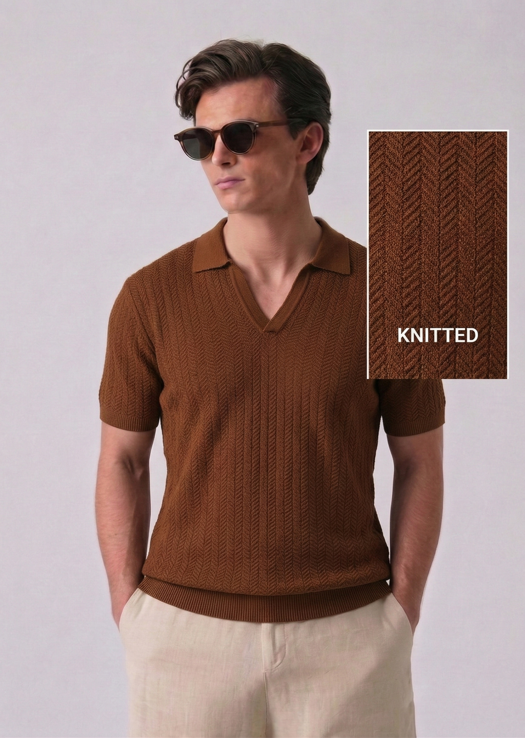 Brown Chevron Textured Half Sleeves Knit Polo T-Shirt