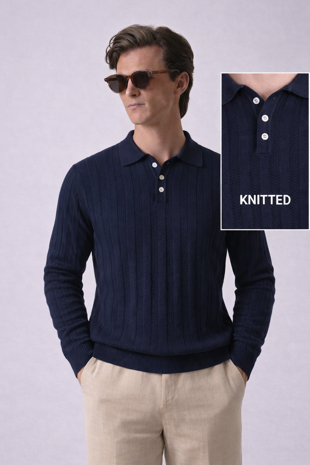 Navy Blue Chevron Textured Full Sleeves Knit Polo T-Shirt