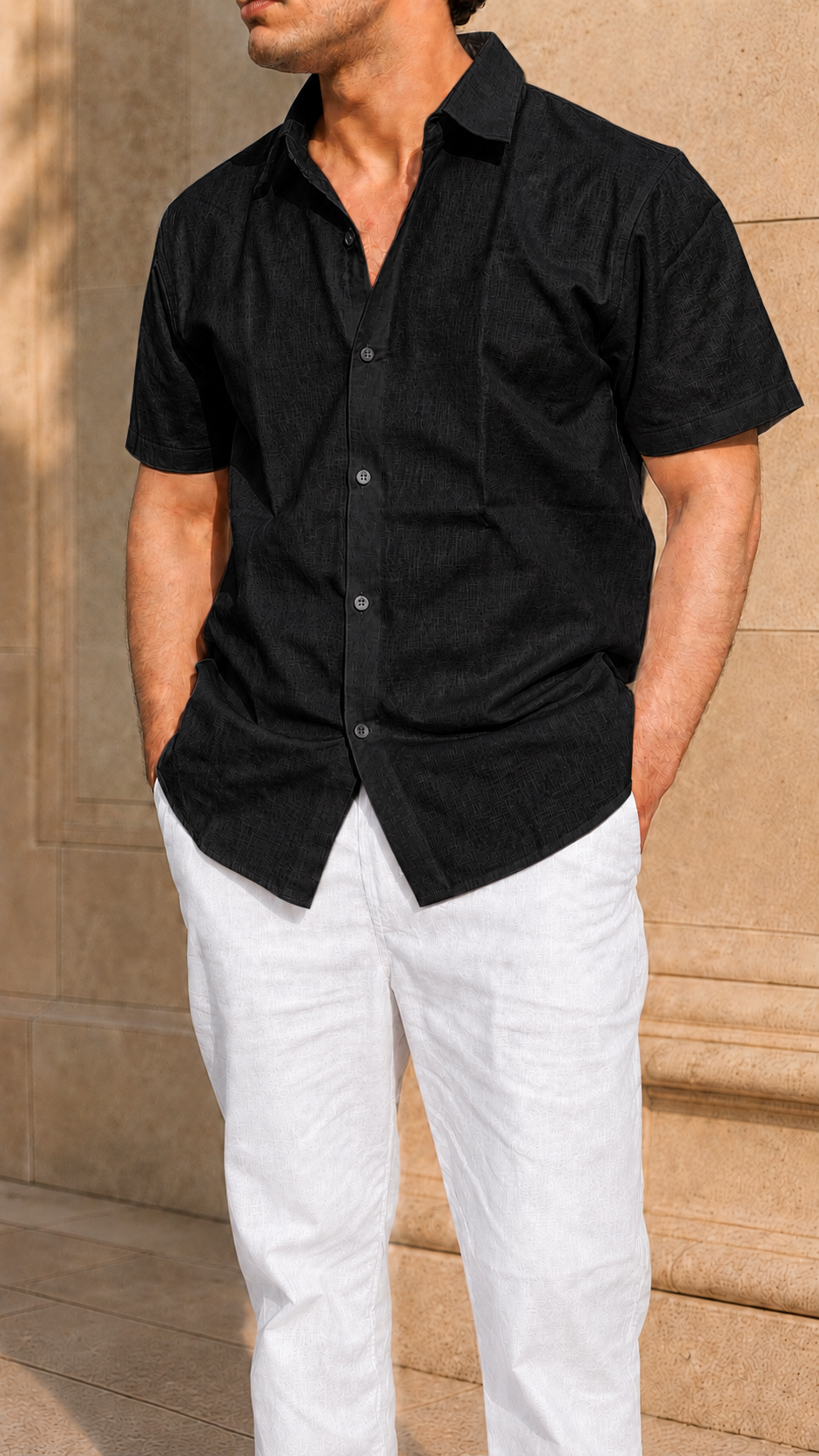 Half Sleeve Belgium Linen Pair For Men | Black Shirt with White Pant by frenchcuff