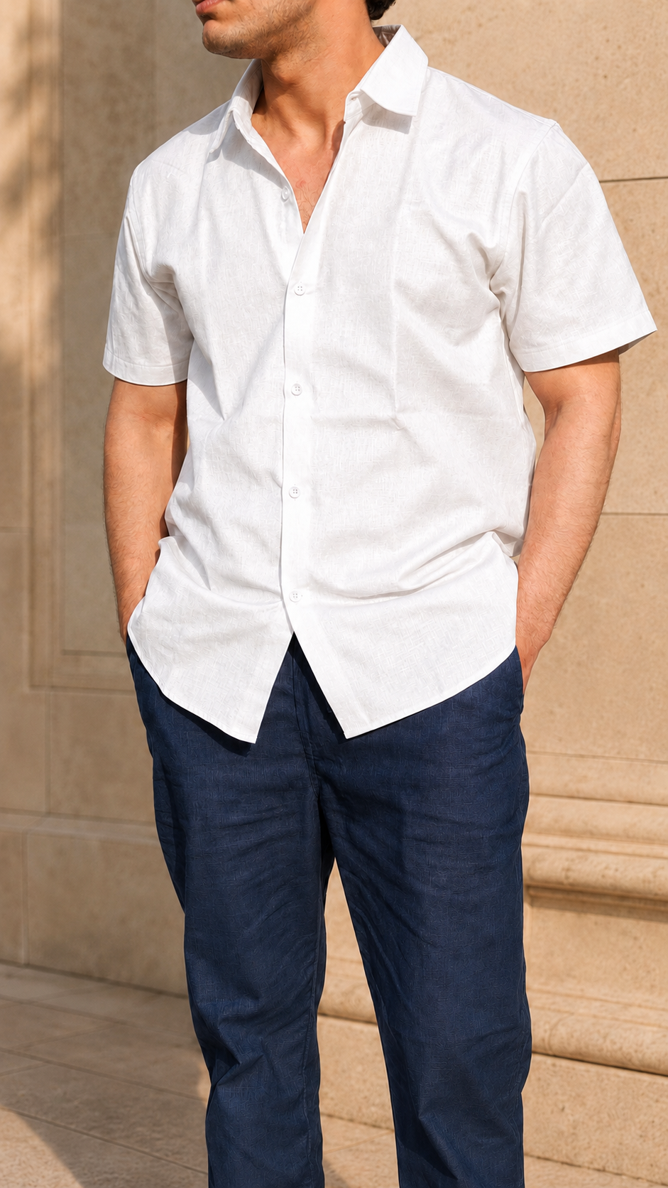Half Sleeve Belgium Linen Pair For Men | White Shirt with Navy Pant by frenchcuff