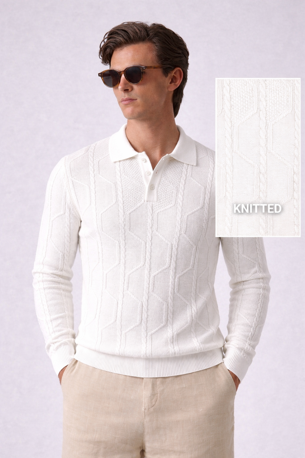 White Braided Textured Full Sleeves Knit Polo T-Shirt