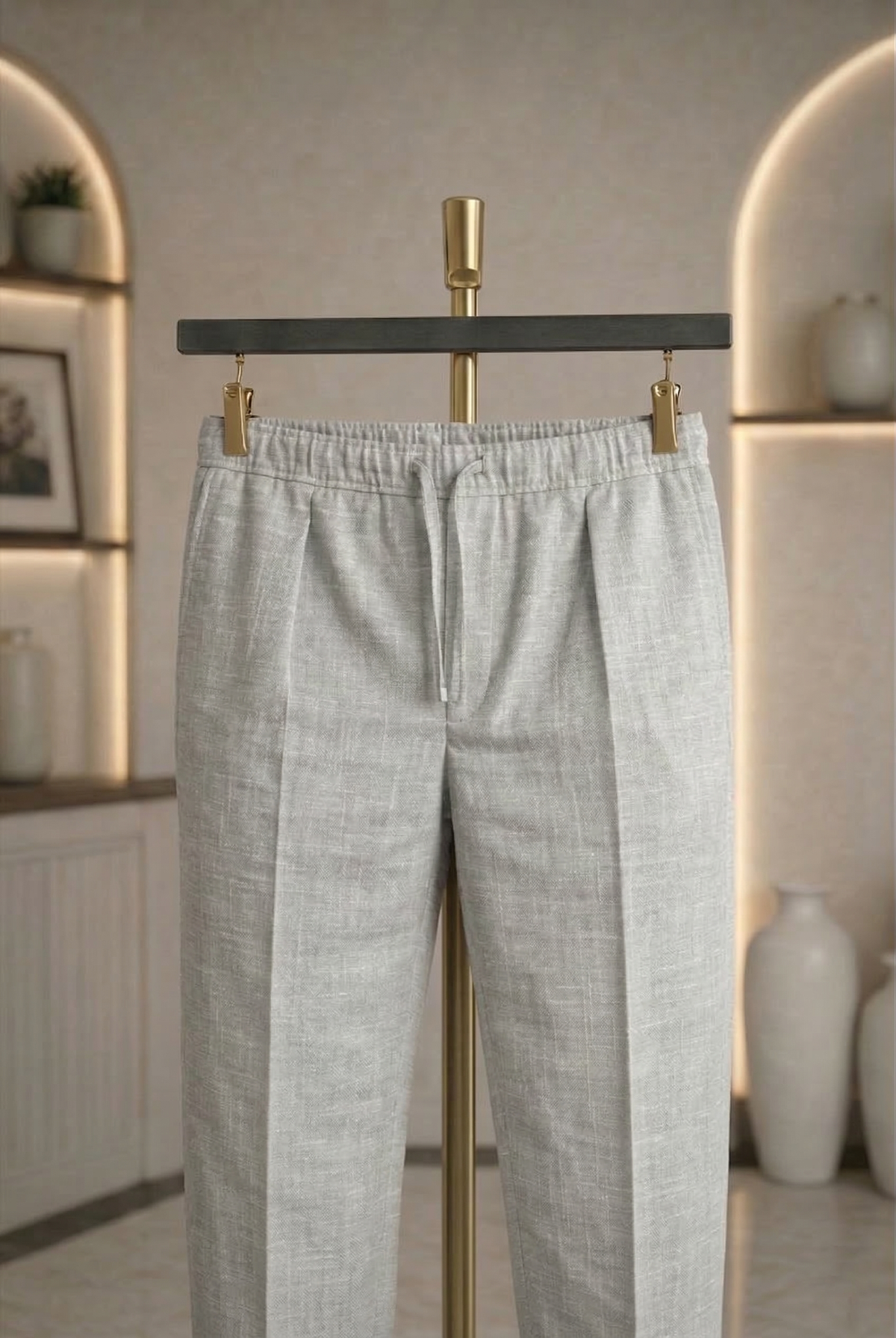Light Grey Linen Drawstring Trouser Pant by French Cuff