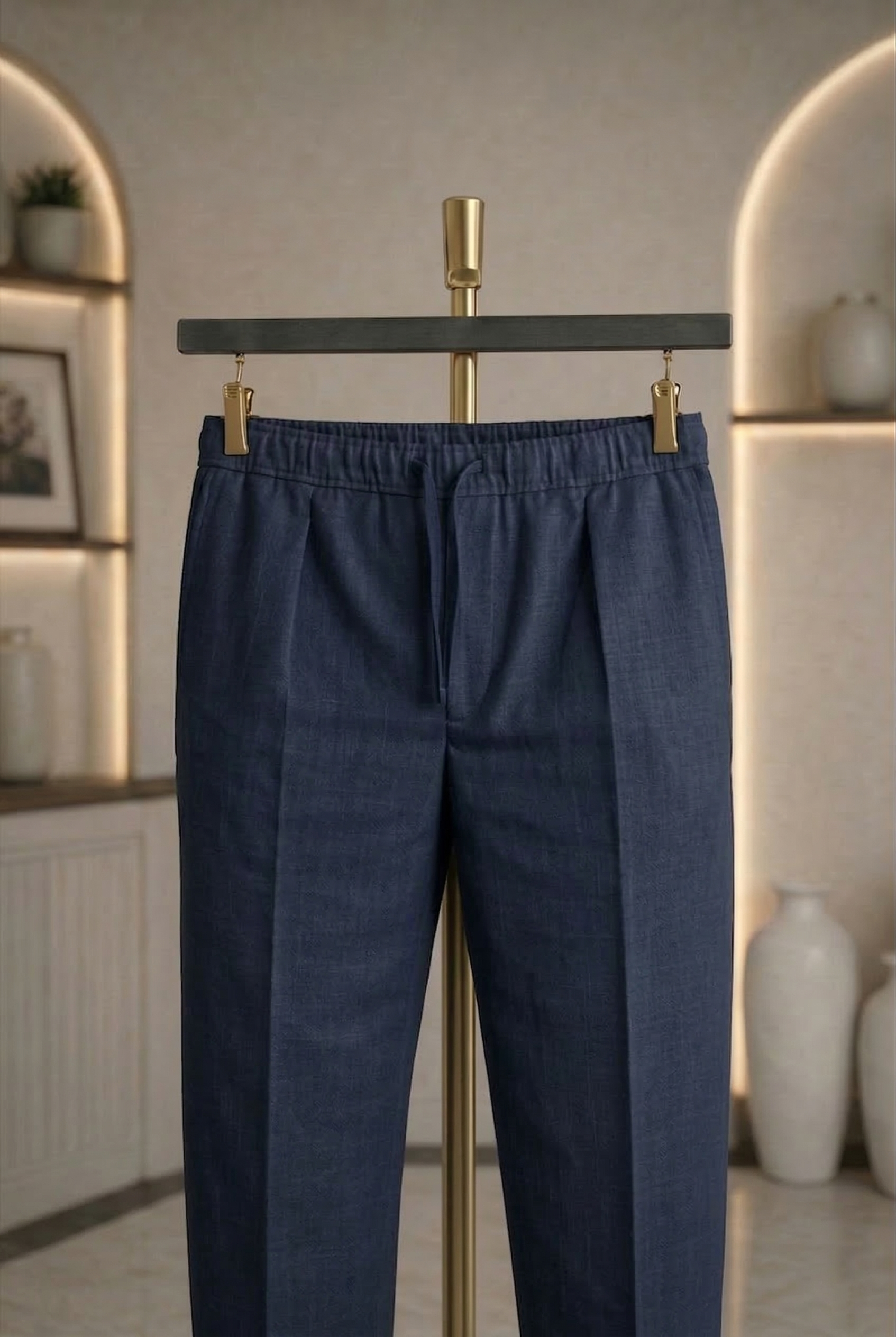 Navy Blue Linen Drawstring Trouser Pant by French Cuff