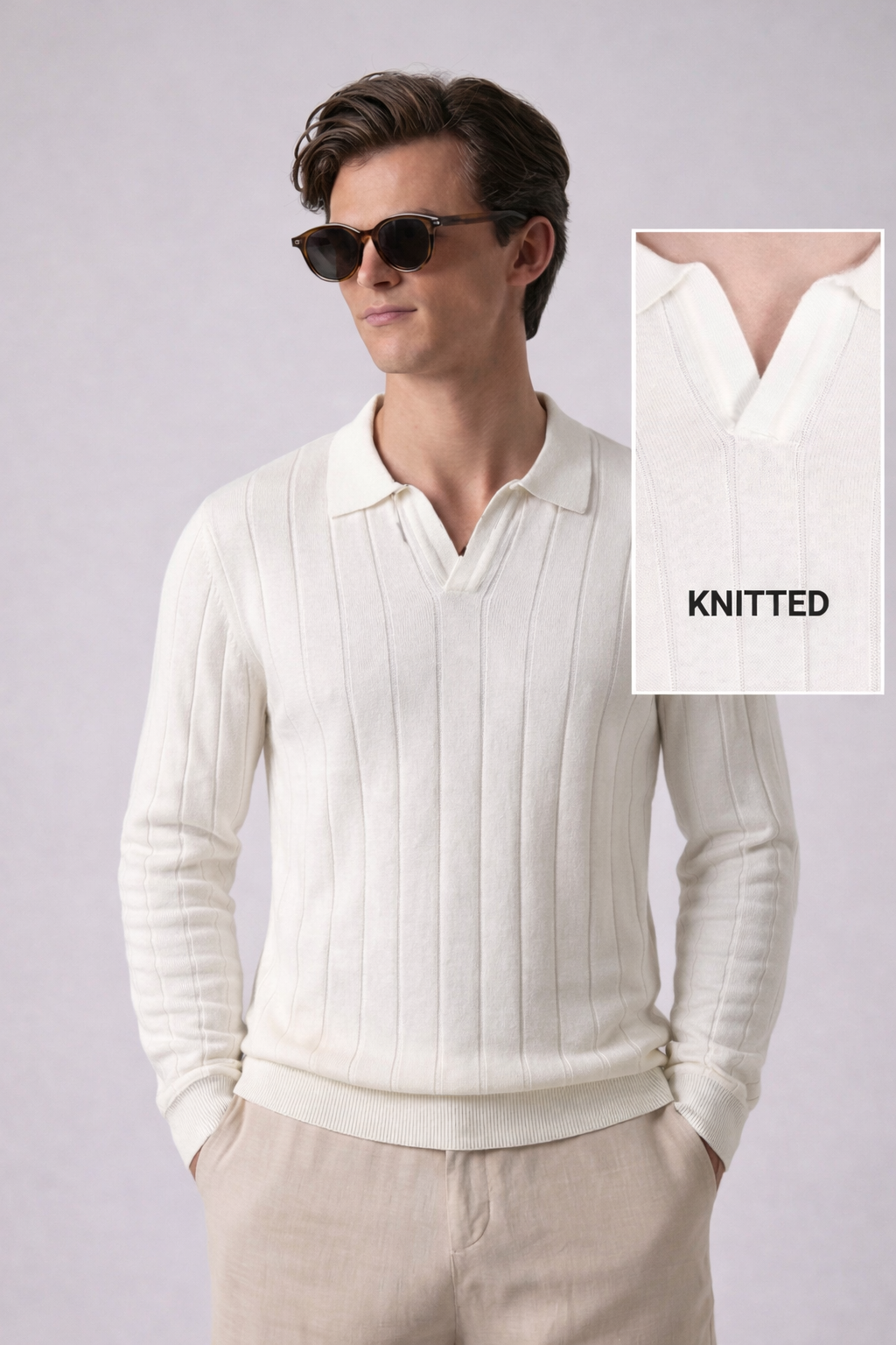 White Contour Textured Knit Polo by French Cuff
