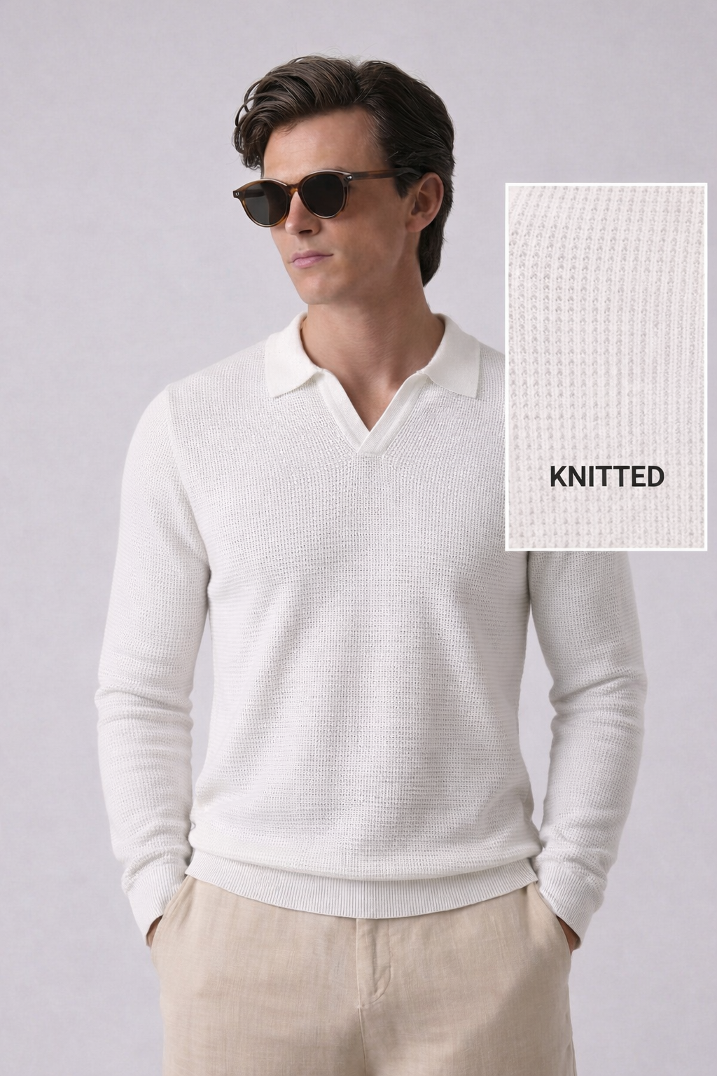 White Textured Full Sleeves Knit Polo T-Shirt