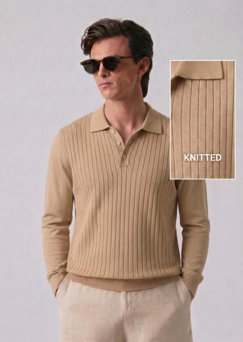 Beige Textured Knit Polo by French Cuff