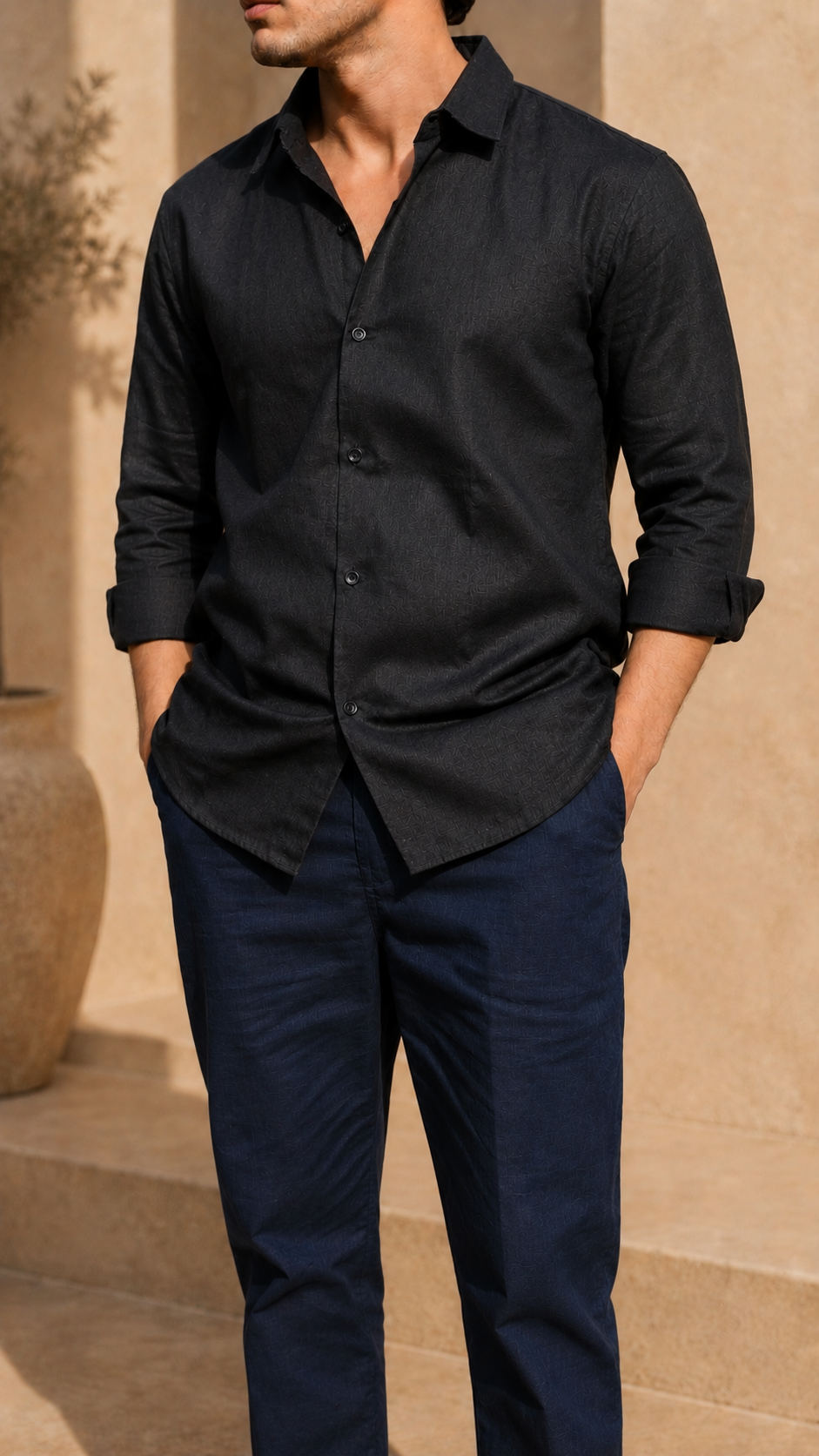 Full Sleeve Belgium Linen Pair For Men | Black Shirt with Navy Pant by frenchcuff