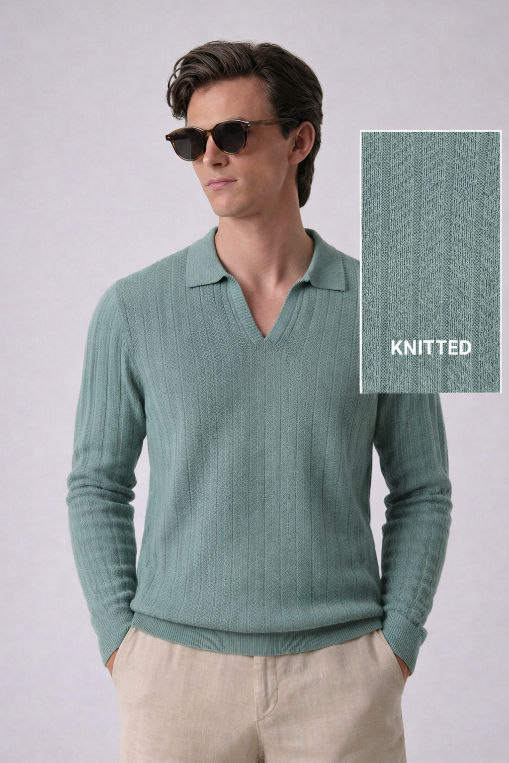 Sage Green Textured Full Sleeves Knit Polo T-Shirt