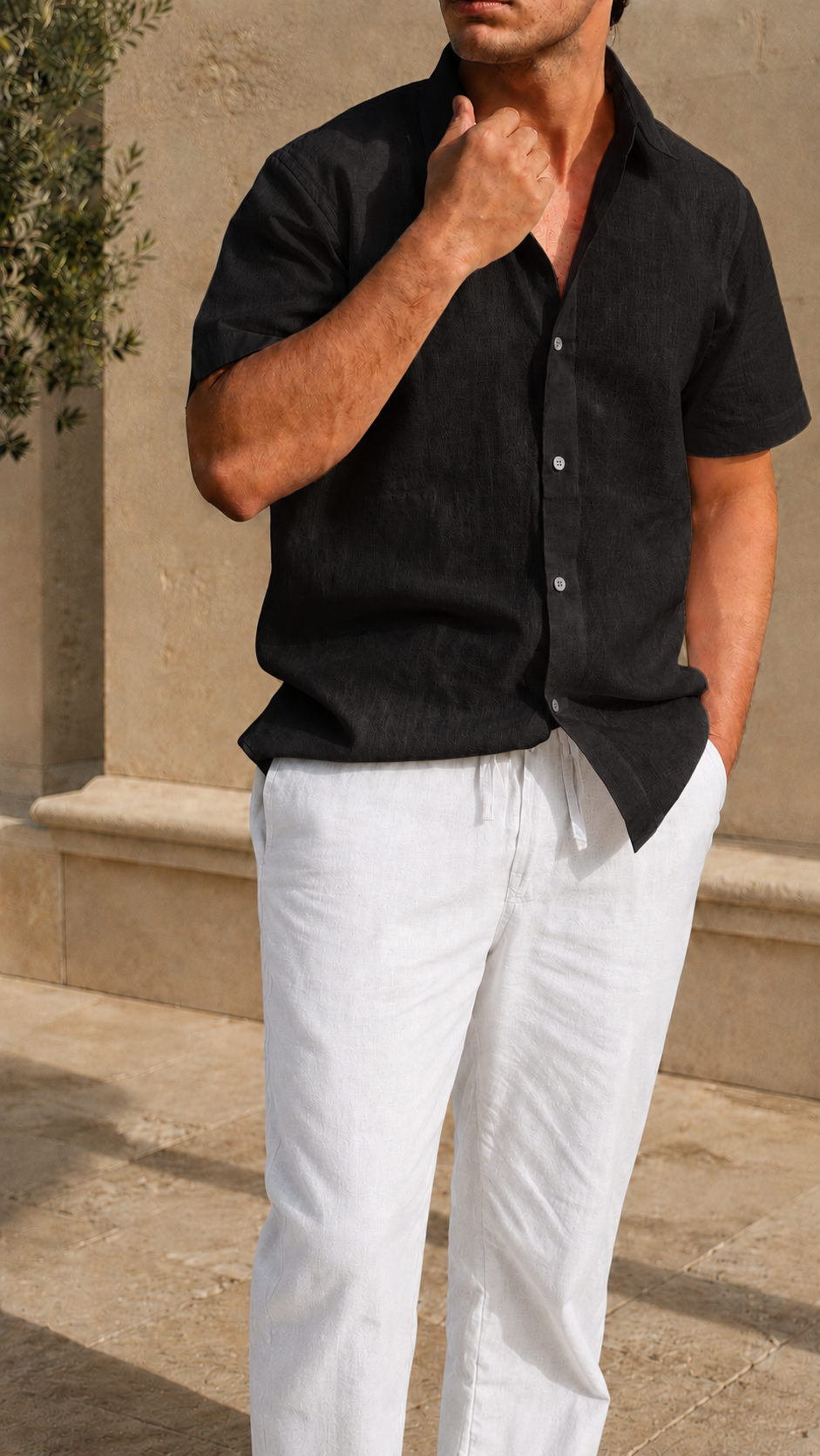 Half Sleeve Belgium Linen Pair For Men | Black Shirt with White Pant by frenchcuff