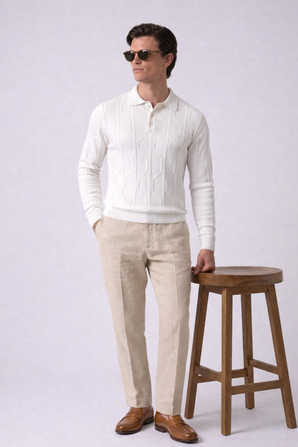 White Braided Textured Full Sleeves Knit Polo T-Shirt