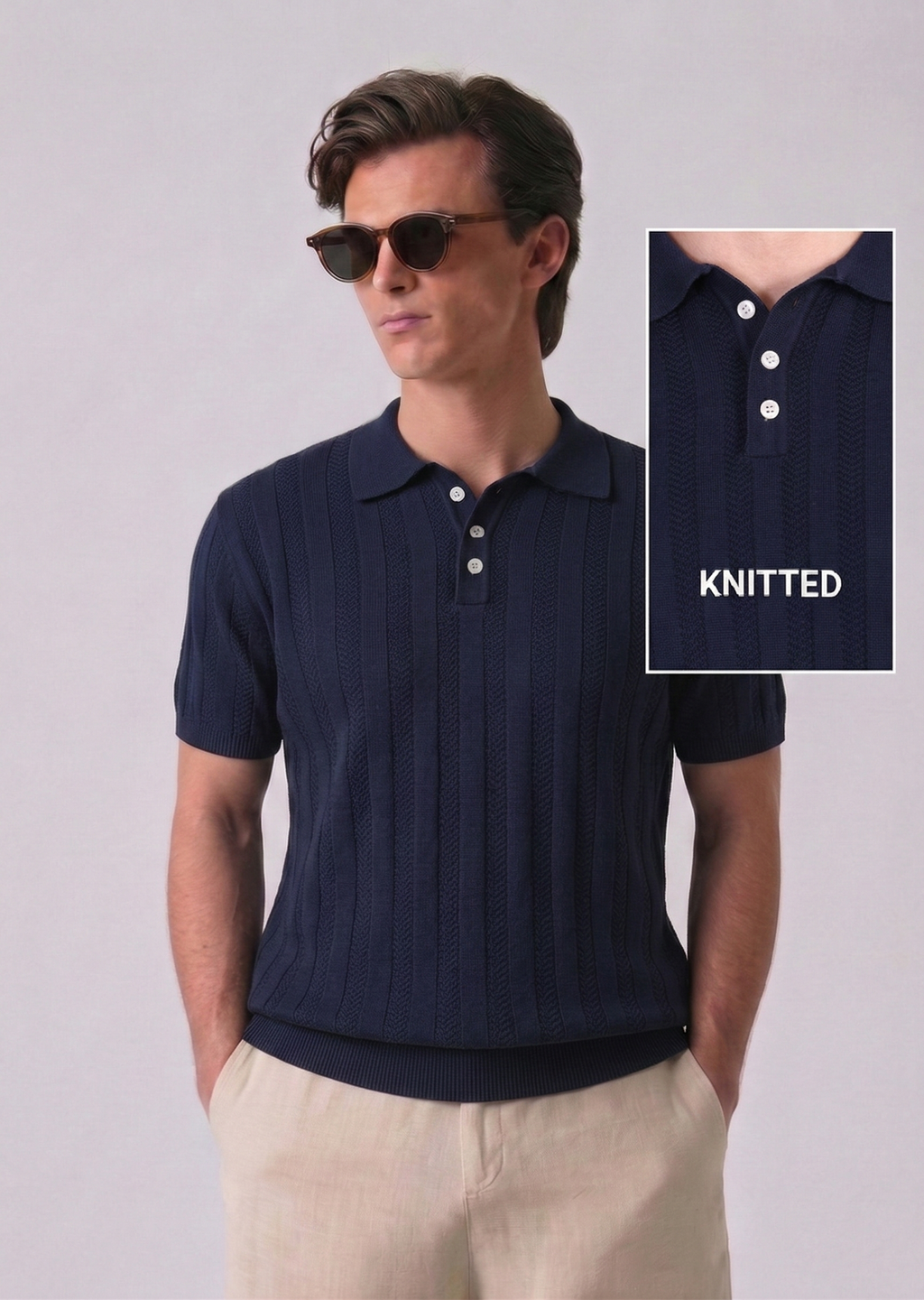 Navy Blue Chevron Textured Knit Polo by French Cuff
