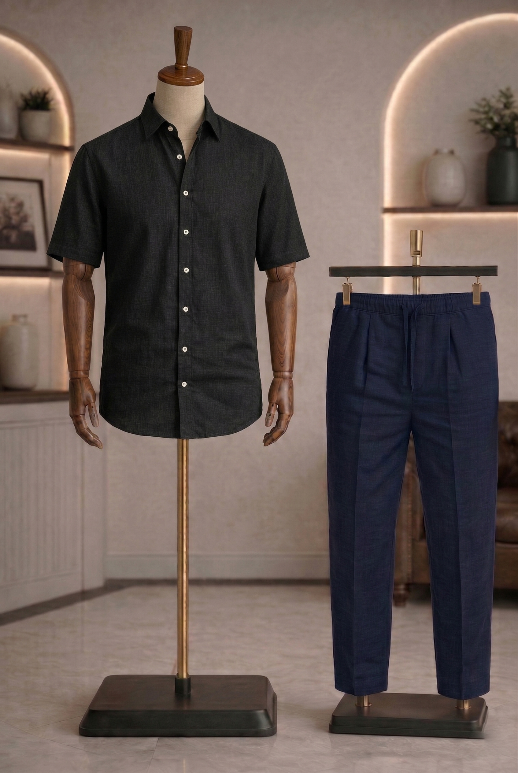 Half Sleeve Linen Pair For Men | Black Linen Shirt with Navy Linen Pant