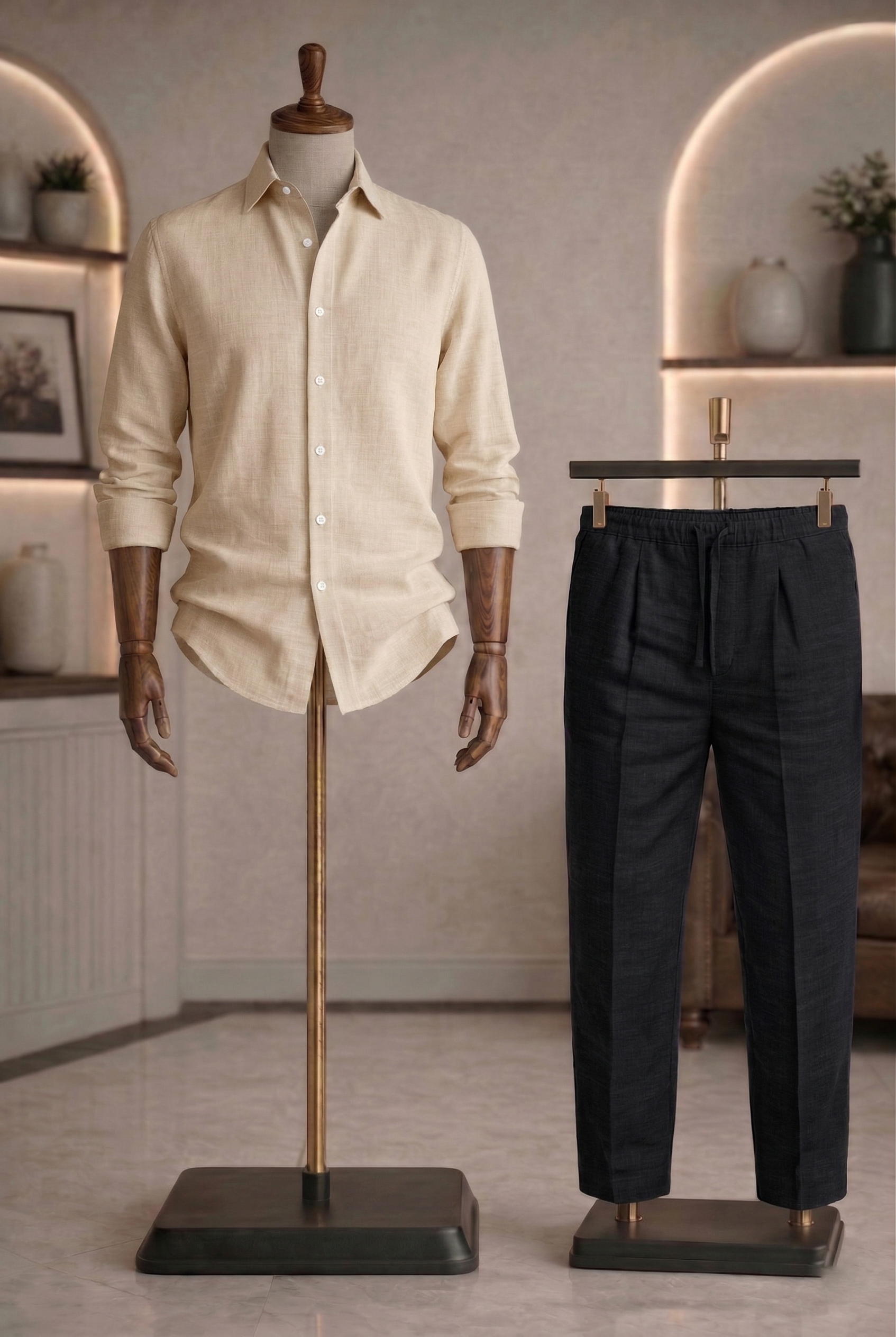 Full Sleeve Linen Pair For Men | Beige Linen Shirt with Black Linen Pant