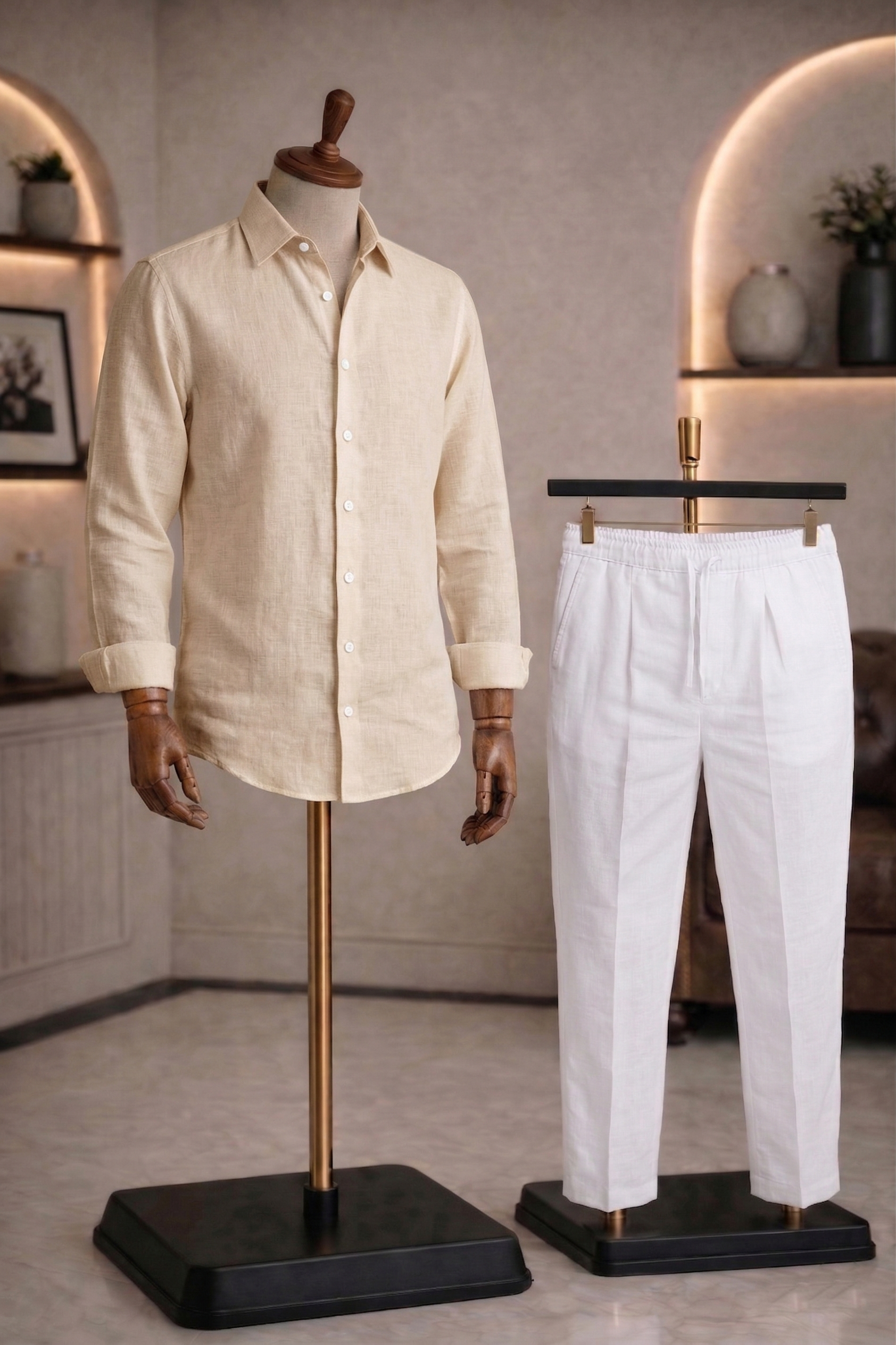 Full Sleeve Linen Pair For Men | Beige Linen Shirt with White Linen Pant