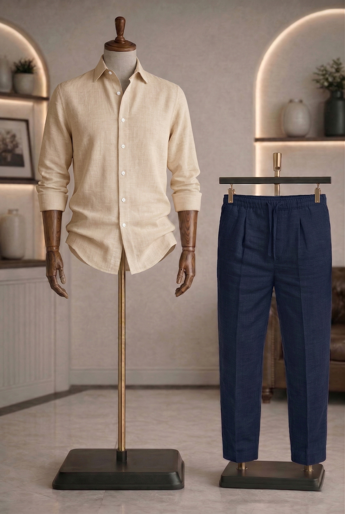 Full Sleeve Linen Pair For Men | Beige Linen Shirt with Navy Linen Pant