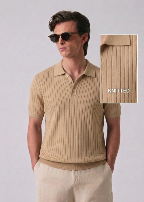 Beige Textured Knit Polo by French Cuff