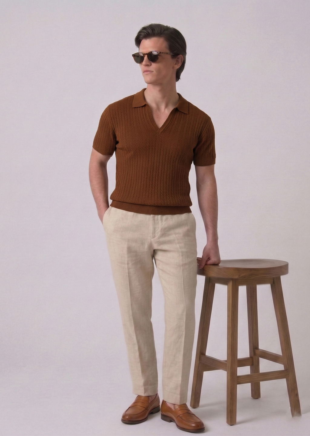 Brown Chevron Textured Full Sleeves Knit Polo T-Shirt