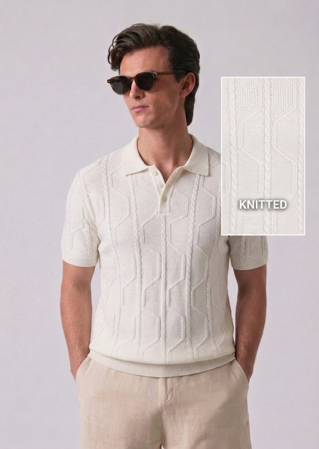 White Braided Textured Full Sleeves Knit Polo T-Shirt