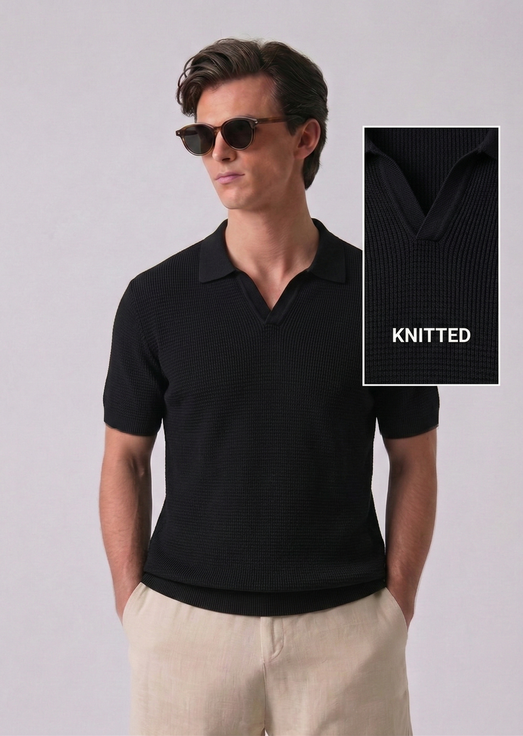 Black Textured Half Sleeves Knit Polo T-Shirt