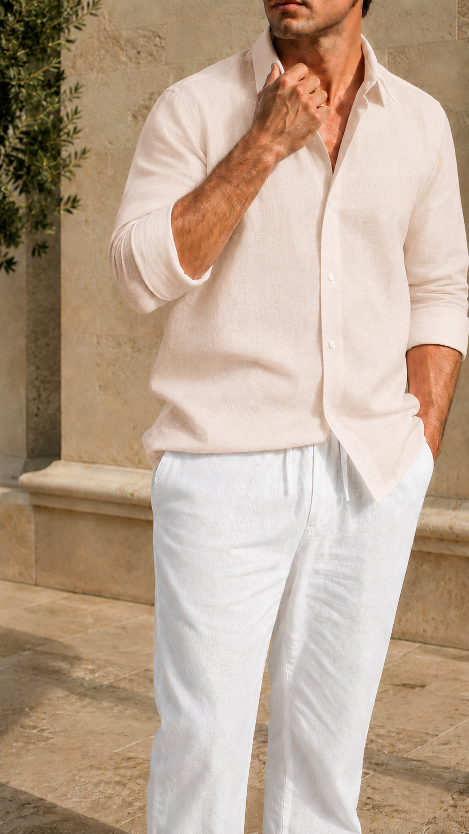 Full Sleeve Belgium Linen Pair For Men | Beige Shirt with White Pant by frenchcuff