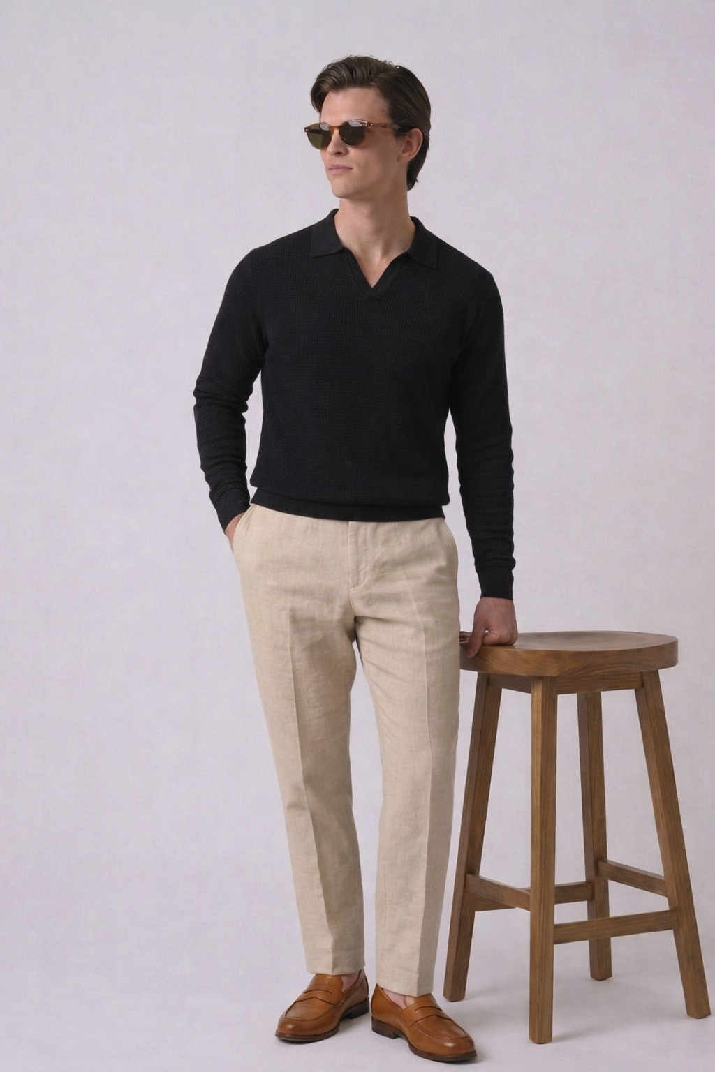 Black Textured Half Sleeves Knit Polo T-Shirt