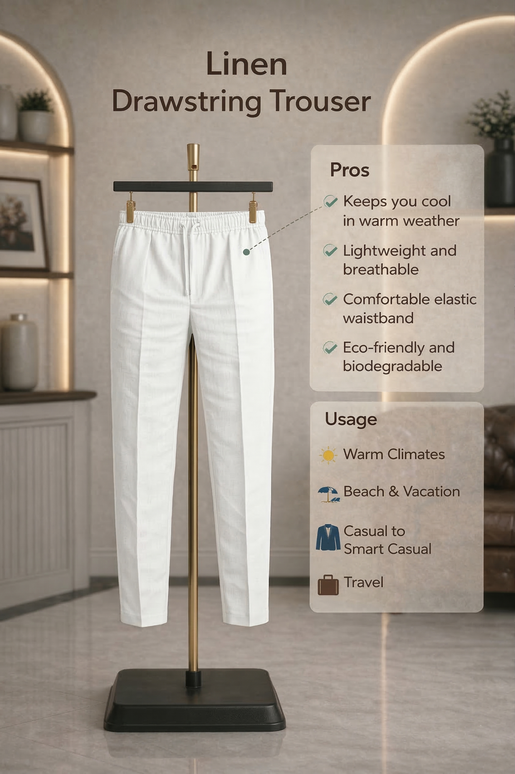 White Linen Drawstring Trouser Pant by French Cuff