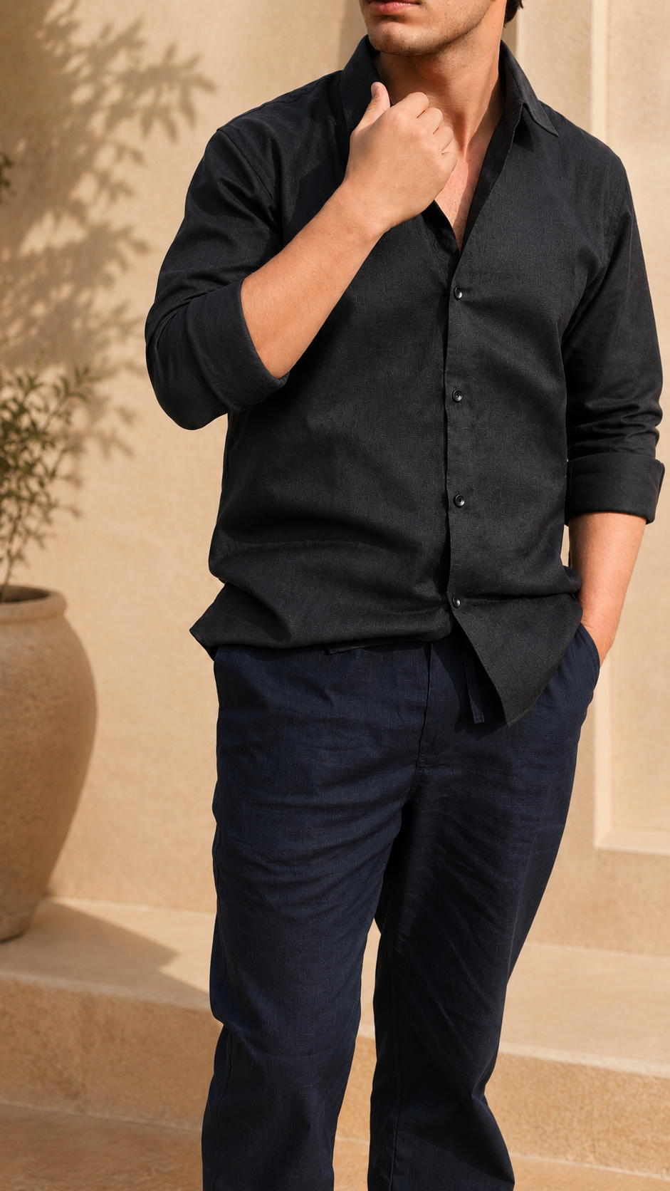 Full Sleeve Belgium Linen Pair For Men | Black Shirt with Navy Pant by frenchcuff