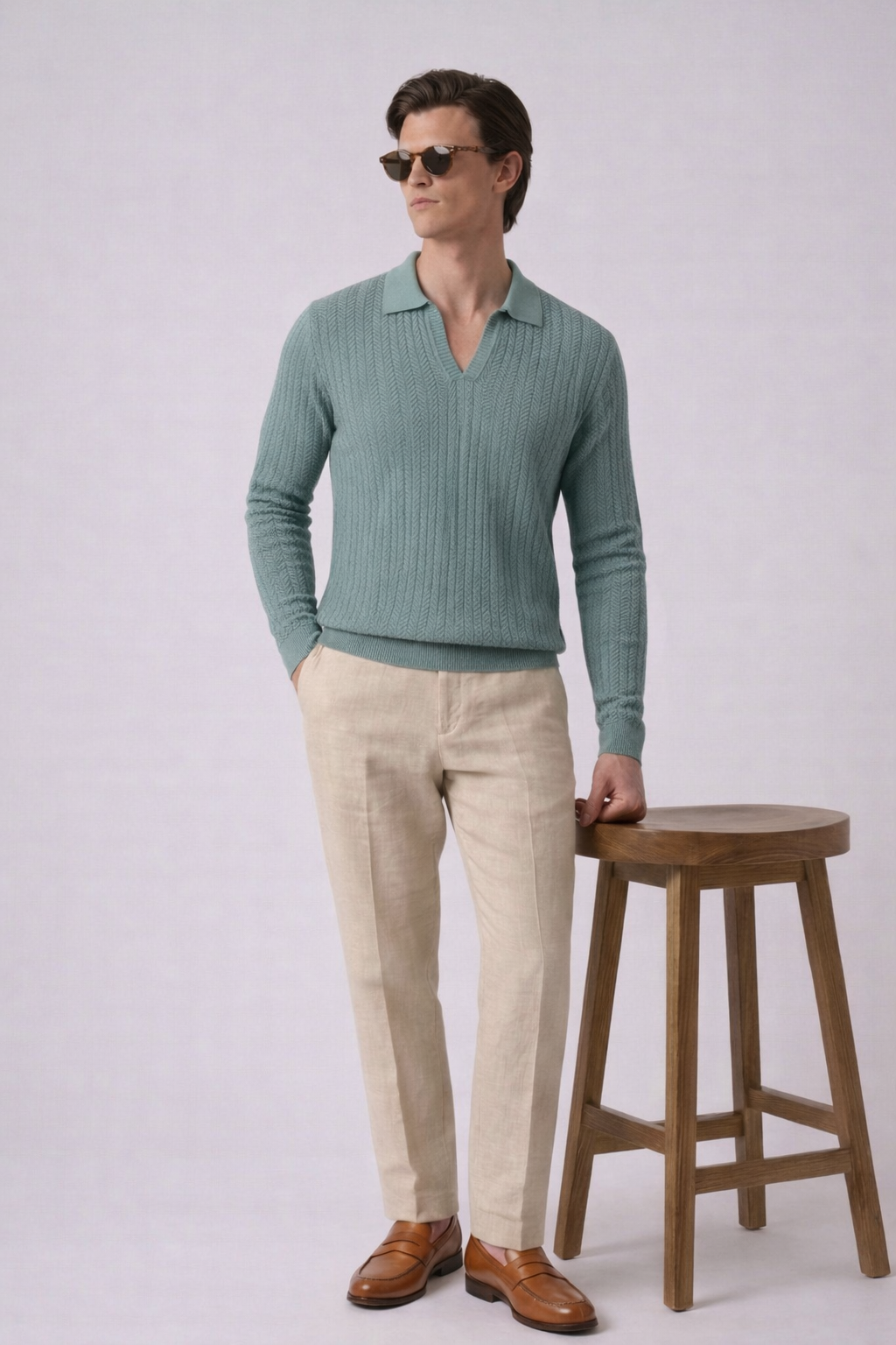 Sage Green Textured Half Sleeves Knit Polo T-Shirt