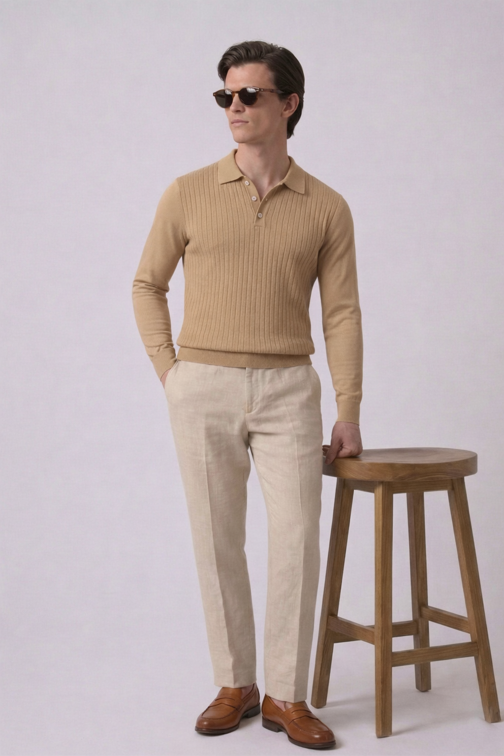 Beige Textured Knit Polo T-Shirt