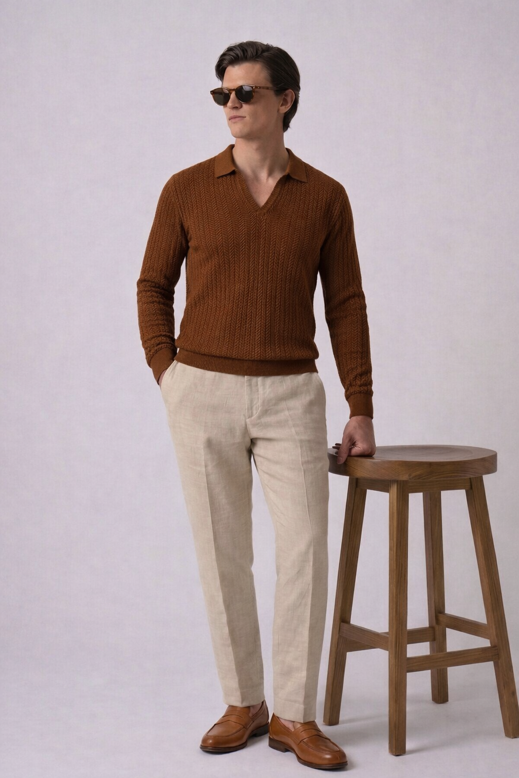 Brown Chevron Textured Knit Polo by French Cuff