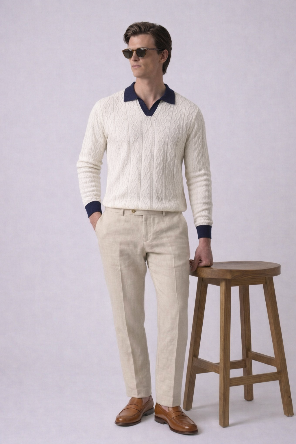 White Aran Textured Full Sleeves Knit Polo T-Shirt