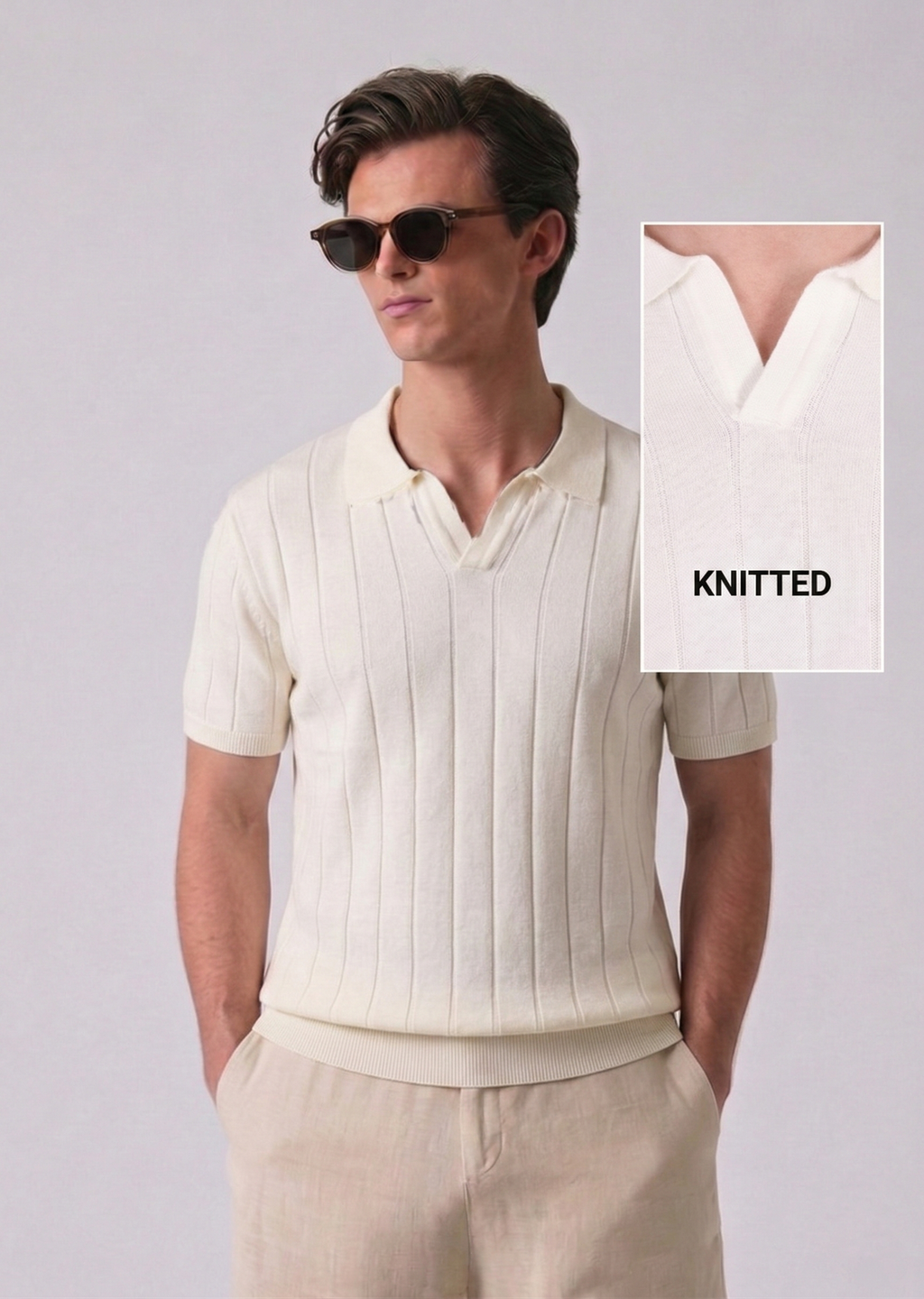White Contour Textured Half Sleeves Knit Polo T-shirt