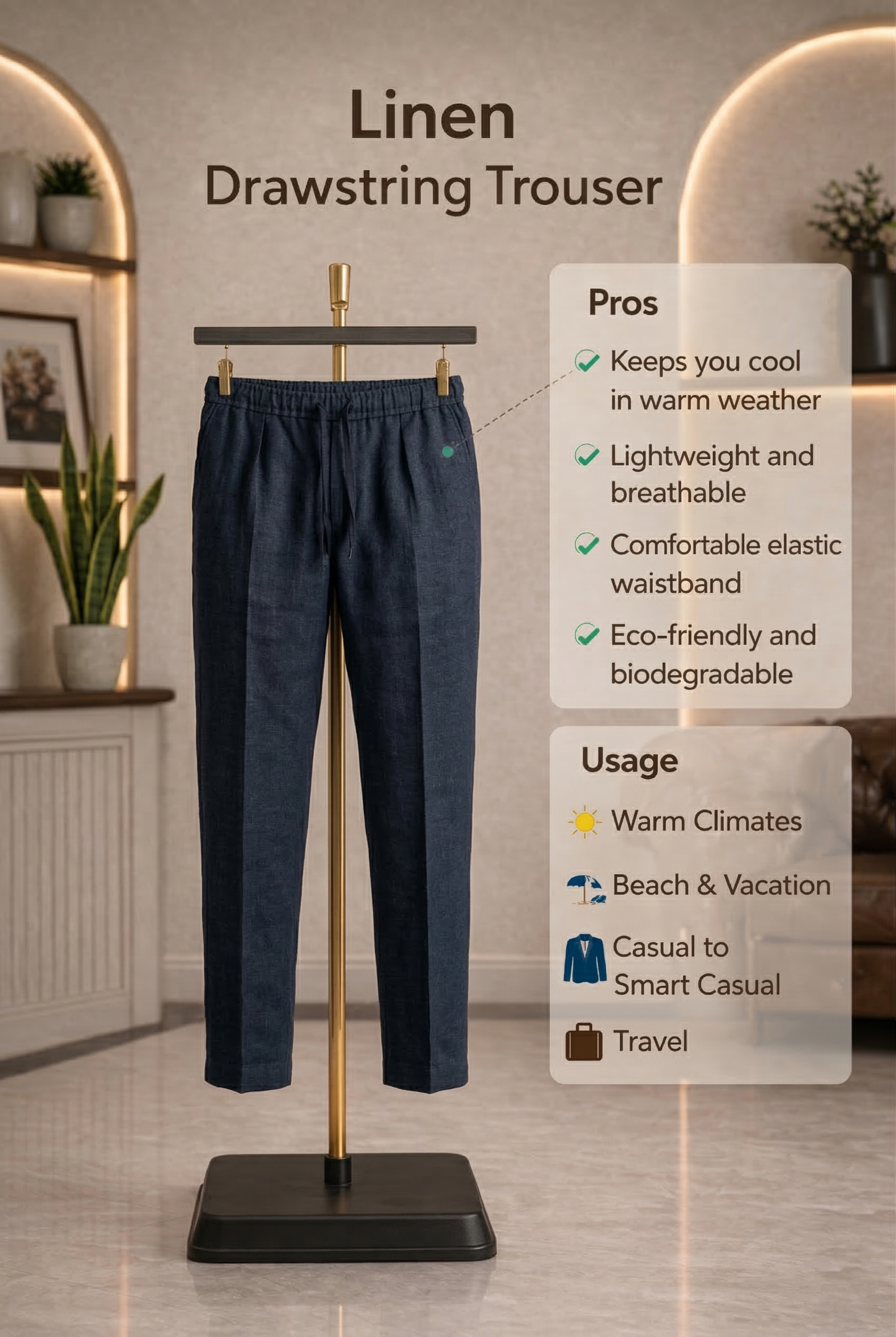 Navy Blue Linen Drawstring Trouser Pant by French Cuff