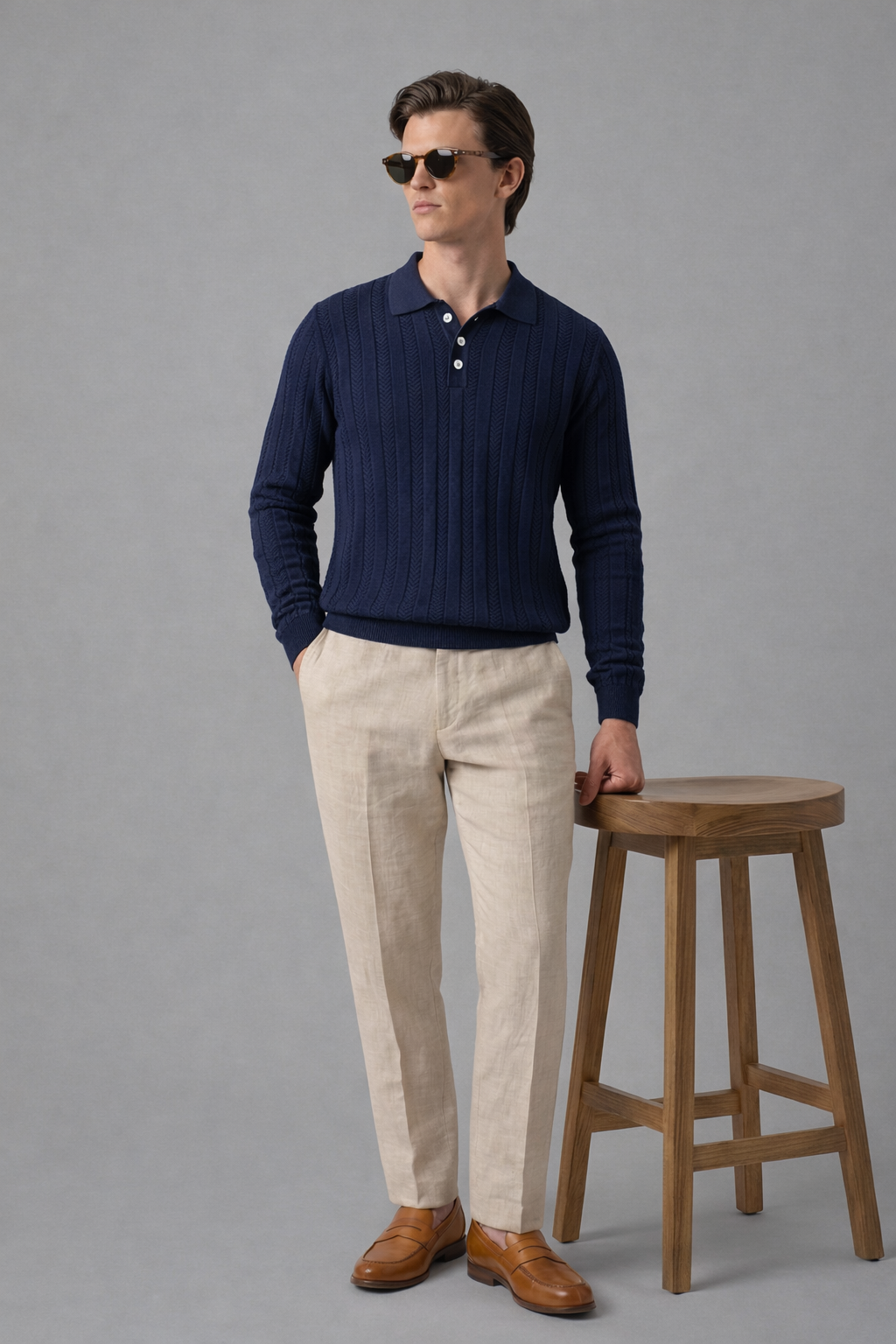 Navy Blue Chevron Textured Knit Polo by French Cuff