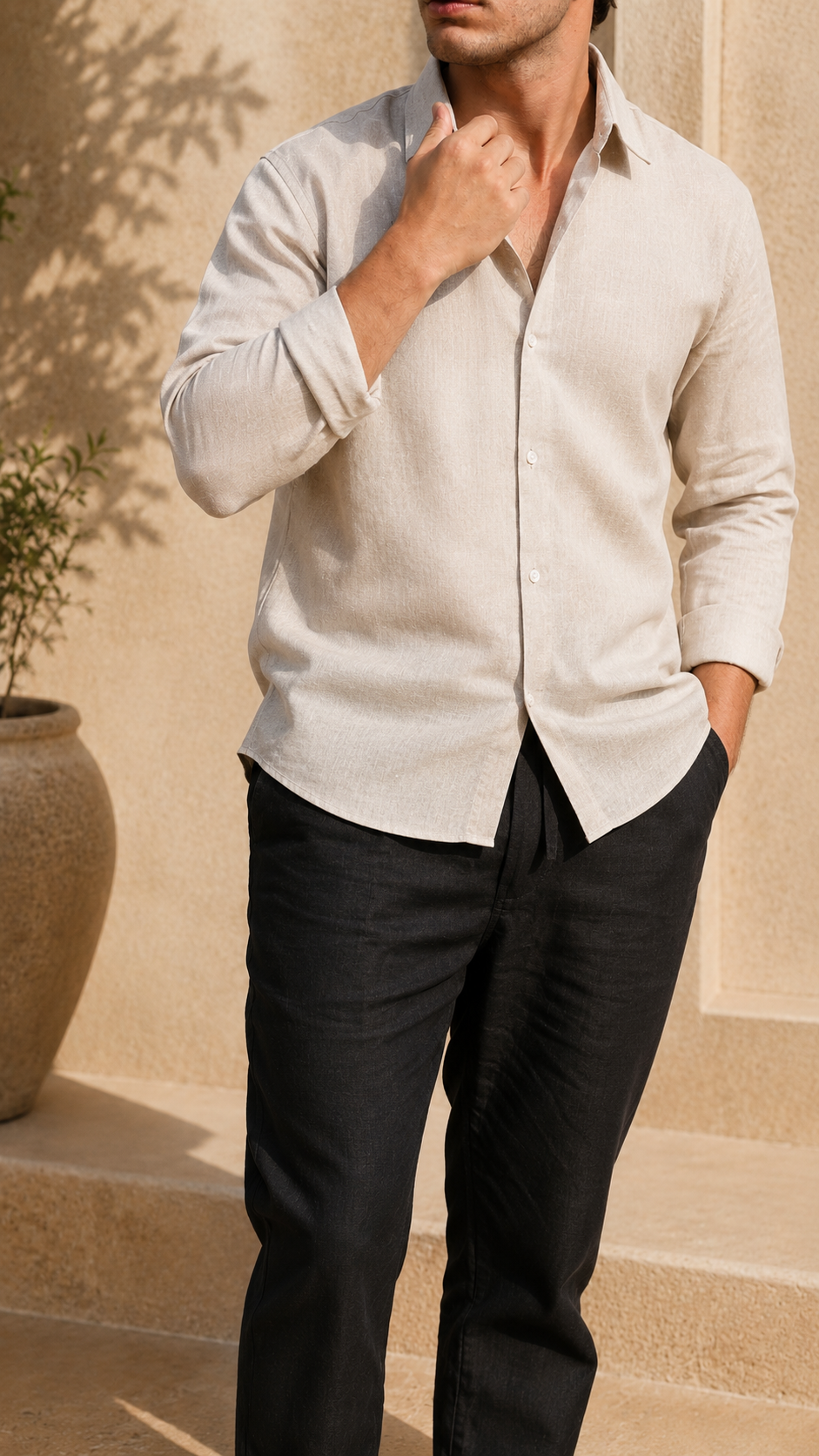 Full Sleeve Belgium Linen Pair For Men | Beige Shirt with Black Pant by frenchcuff