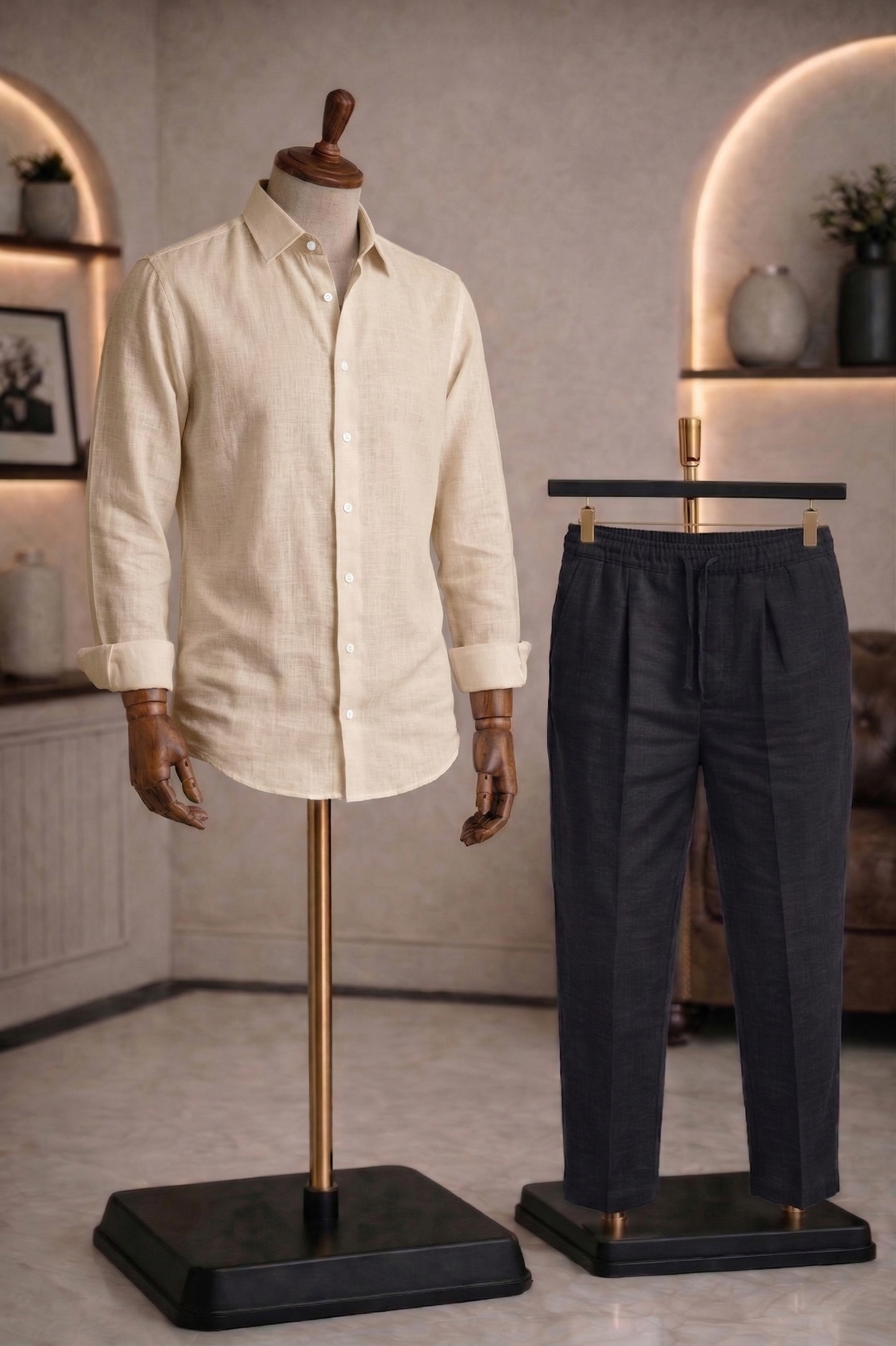 Full Sleeve Linen Pair For Men | Beige Linen Shirt with Black Linen Pant
