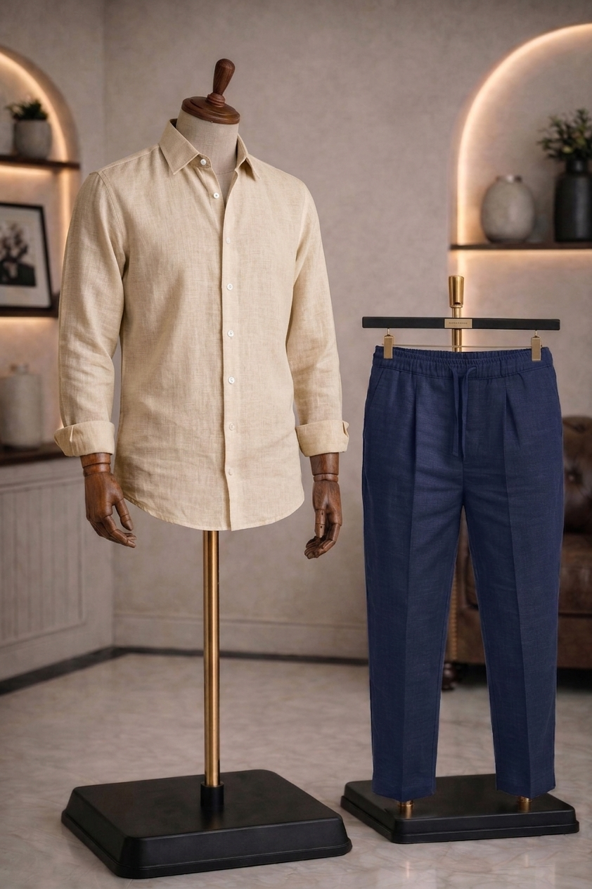 Full Sleeve Linen Pair For Men | Beige Linen Shirt with Navy Linen Pant