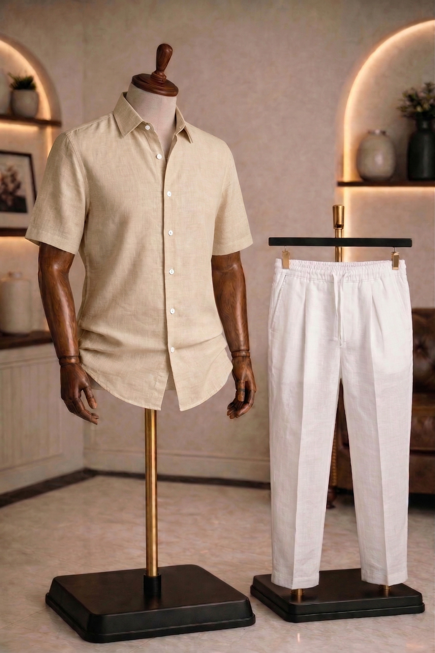 Half Sleeve Linen Pair For Men | Beige Linen Shirt with White Linen Pant