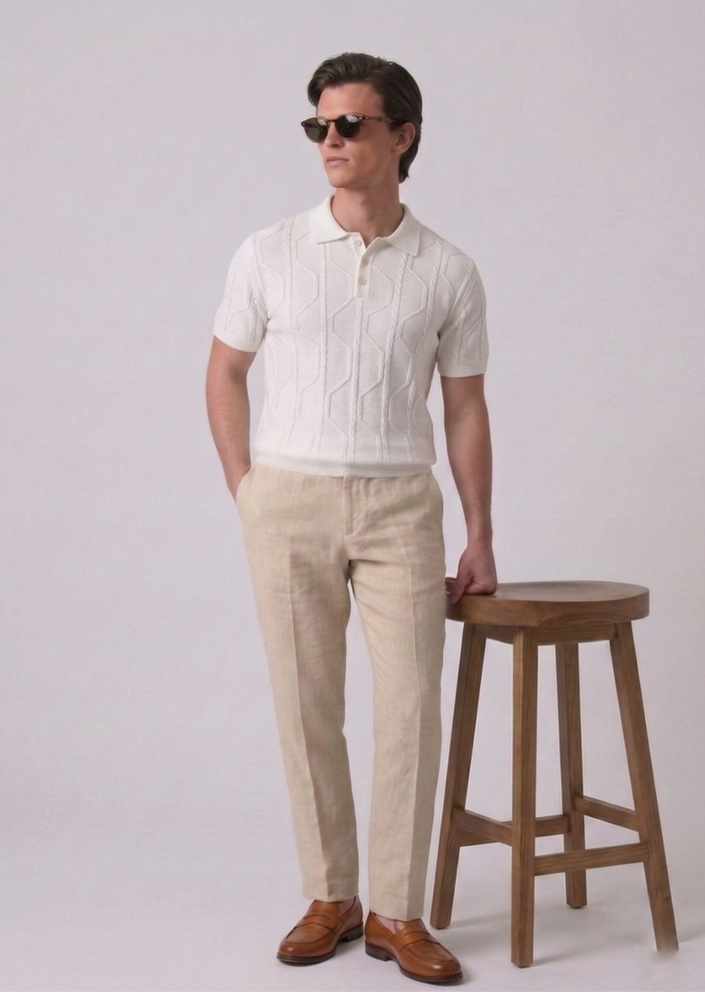White Braided Textured Full Sleeves Knit Polo T-Shirt