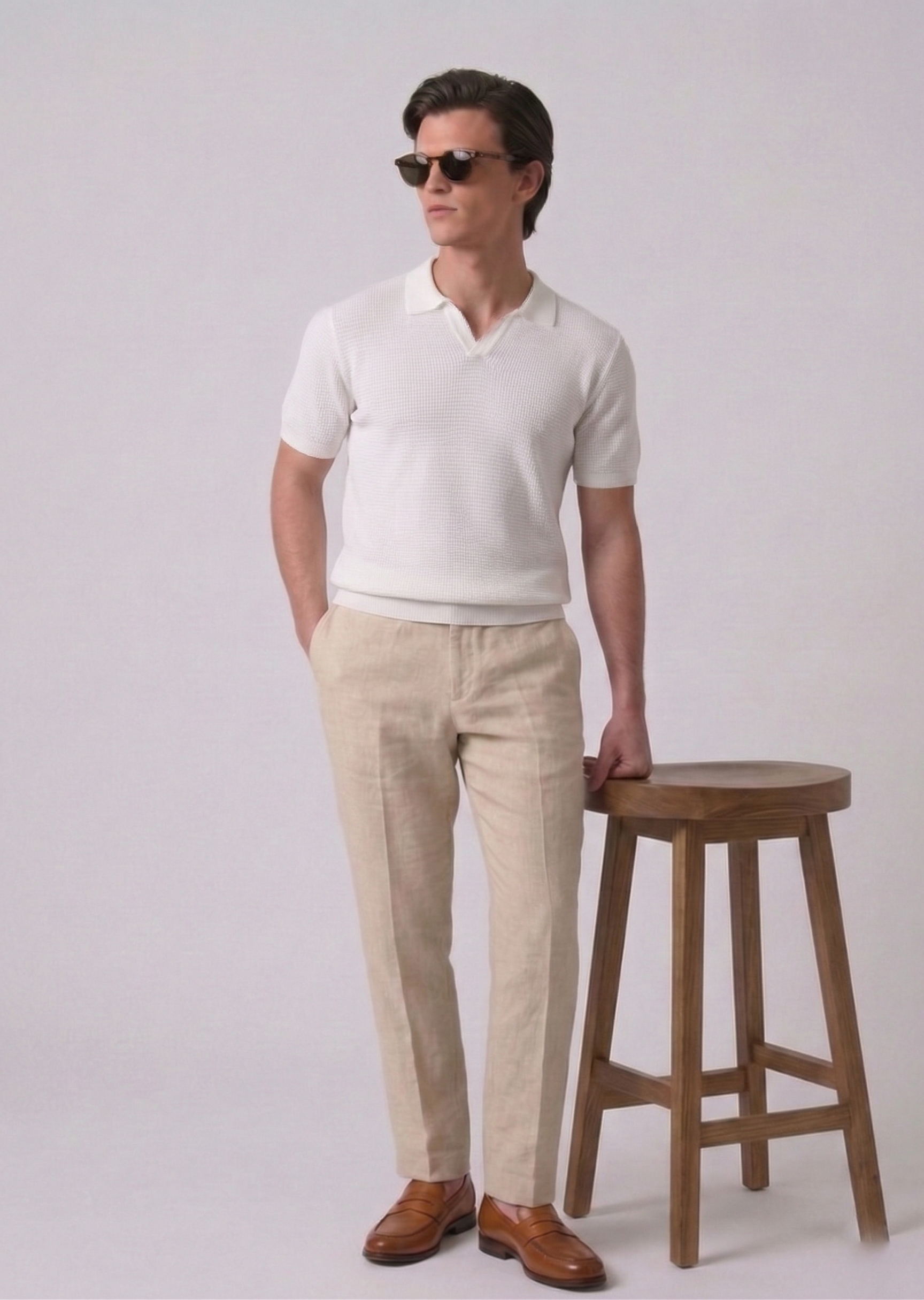 White Textured Knit Polo by French Cuff